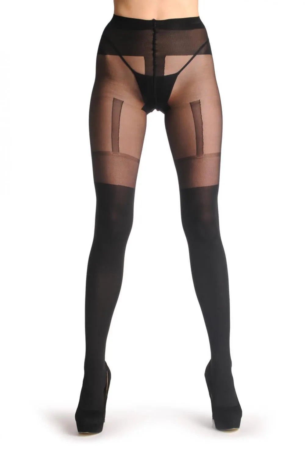 Black Faux Suspender Tights With Meshed Top 60 Den