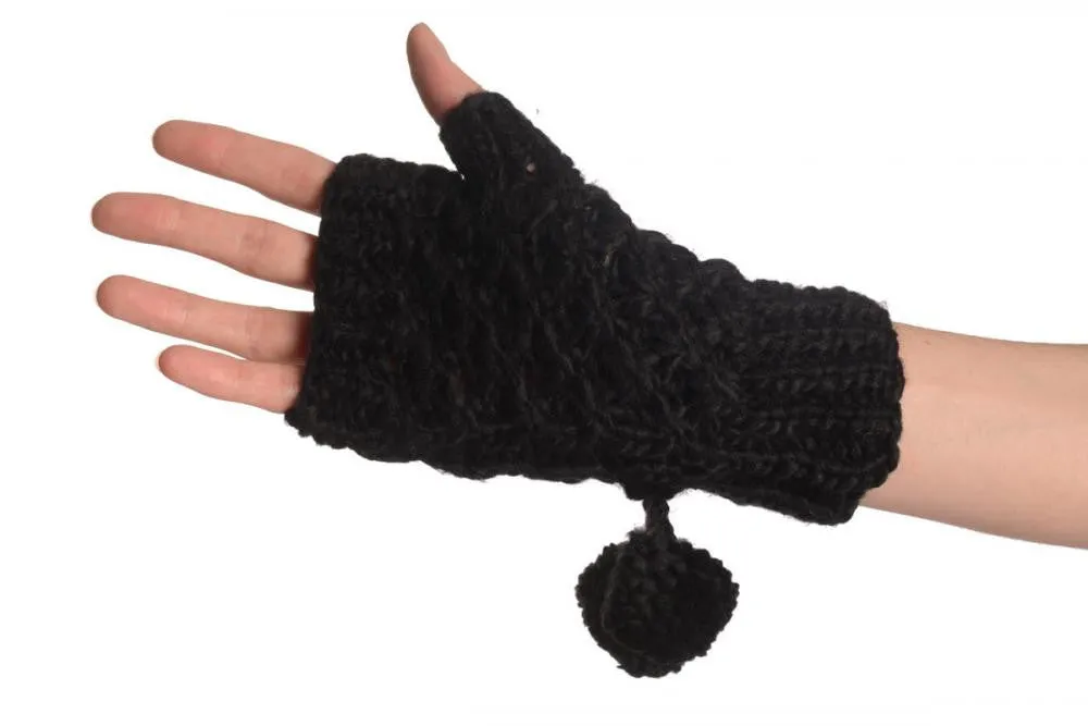 Black Knitted Fingerless Mittens With Pompons