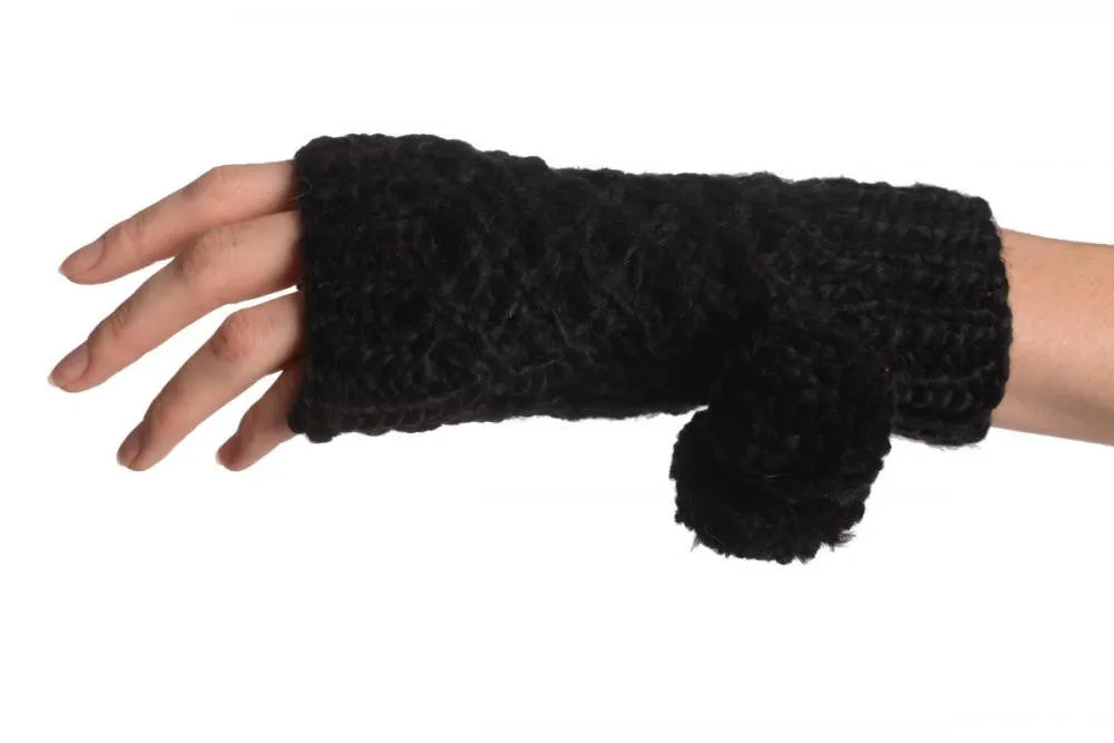 Black Knitted Fingerless Mittens With Pompons