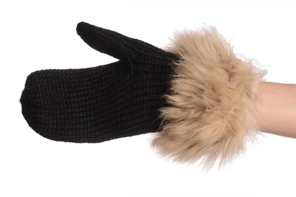 Black Knitted With Faux Fur Mittens