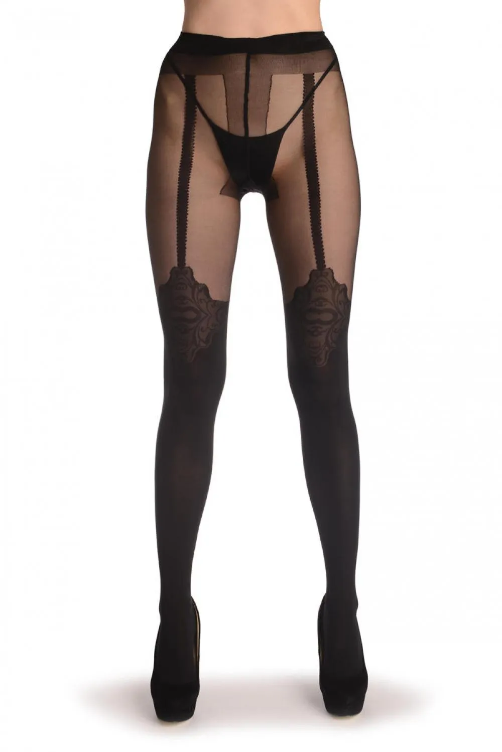 Black Opaque Faux Lace Top Stocking With Suspenders 40 Den