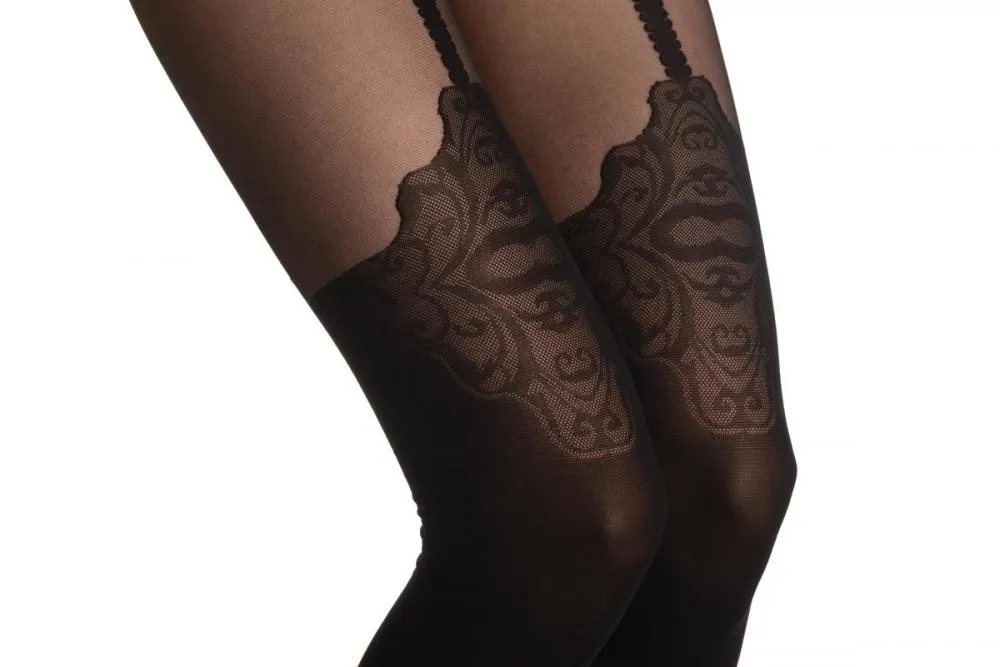 Black Opaque Faux Lace Top Stocking With Suspenders 40 Den