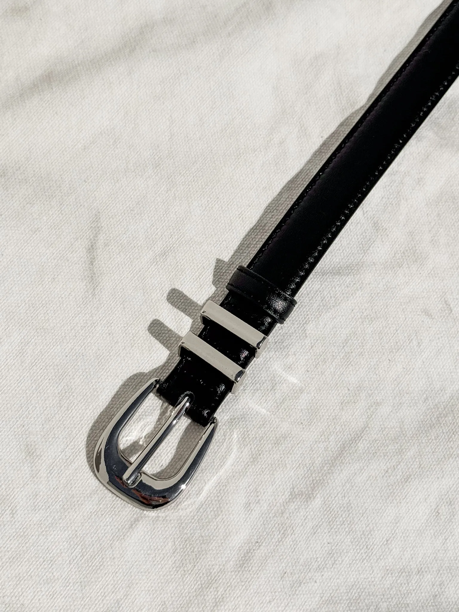 Black Skinny Leather Belt with Silver Buckle