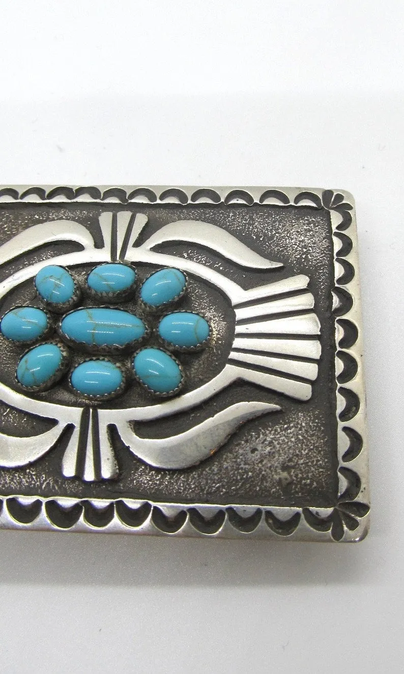 BUCKLE UP Donovan Kinsel Sandcast Silver & Kingman Turquoise Belt Buckle