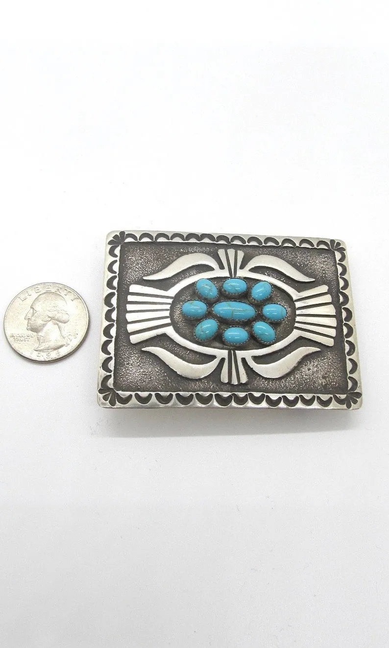 BUCKLE UP Donovan Kinsel Sandcast Silver & Kingman Turquoise Belt Buckle