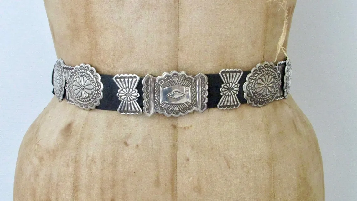 BUTTERFLY CONCHO 70s Navajo Silver and Leather Belt, Waist 35" & Under