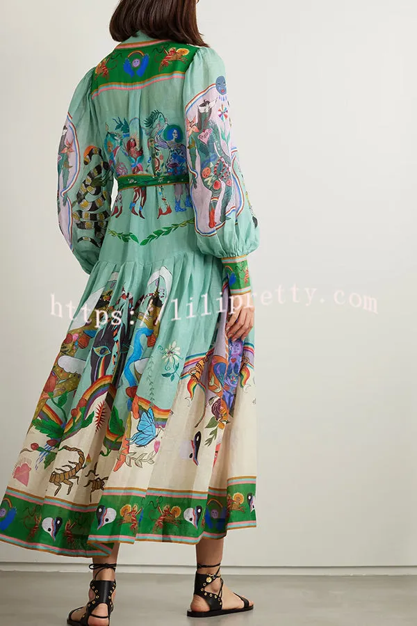 Carnival Unique Print Balloon Sleeve Belt Shirt Midi Dress