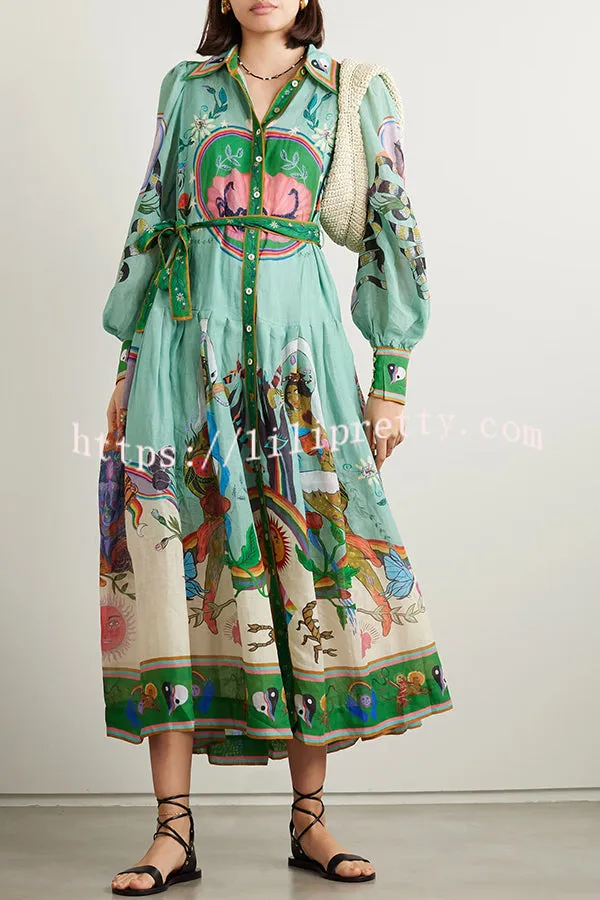 Carnival Unique Print Balloon Sleeve Belt Shirt Midi Dress