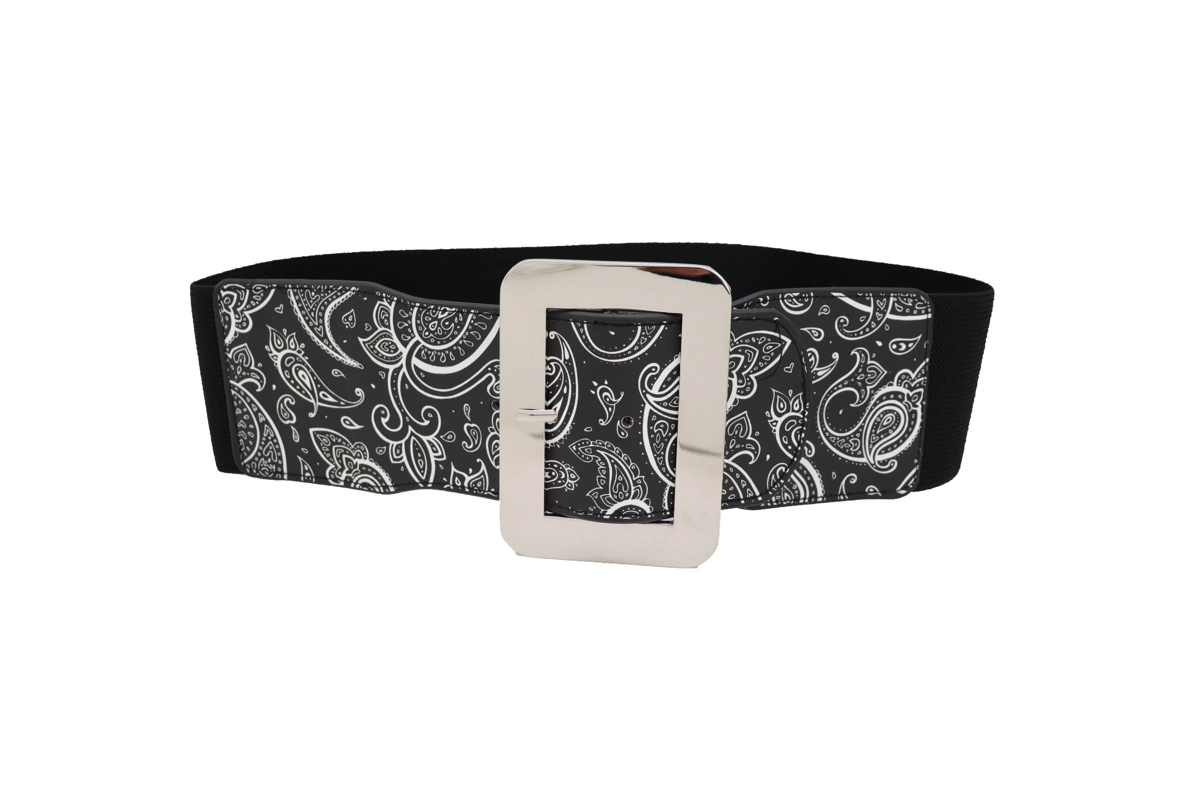 Cinch Waistband Wide Black Elastic Waist Hip Belt Paisley Print Size S M