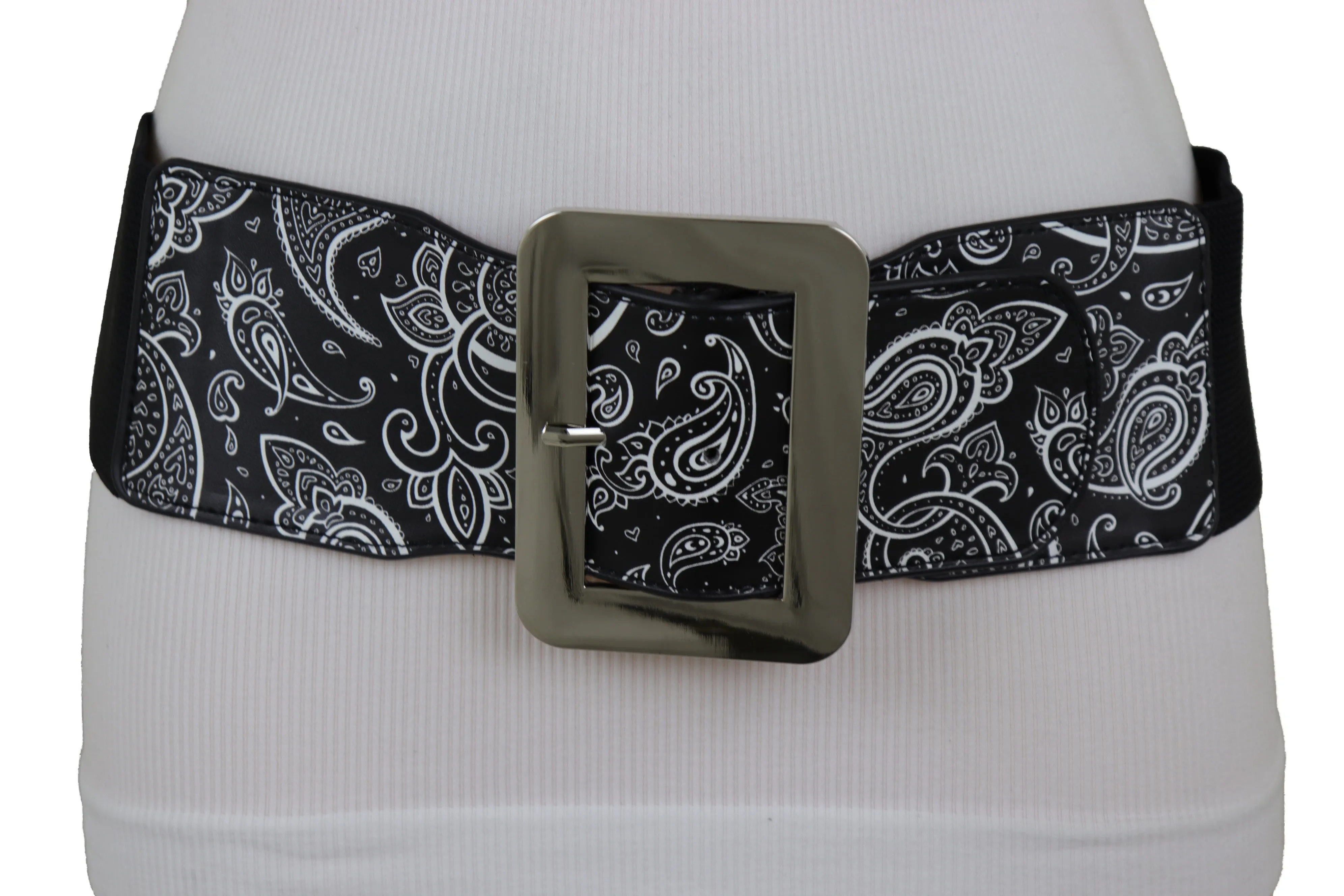 Cinch Waistband Wide Black Elastic Waist Hip Belt Paisley Print Size S M