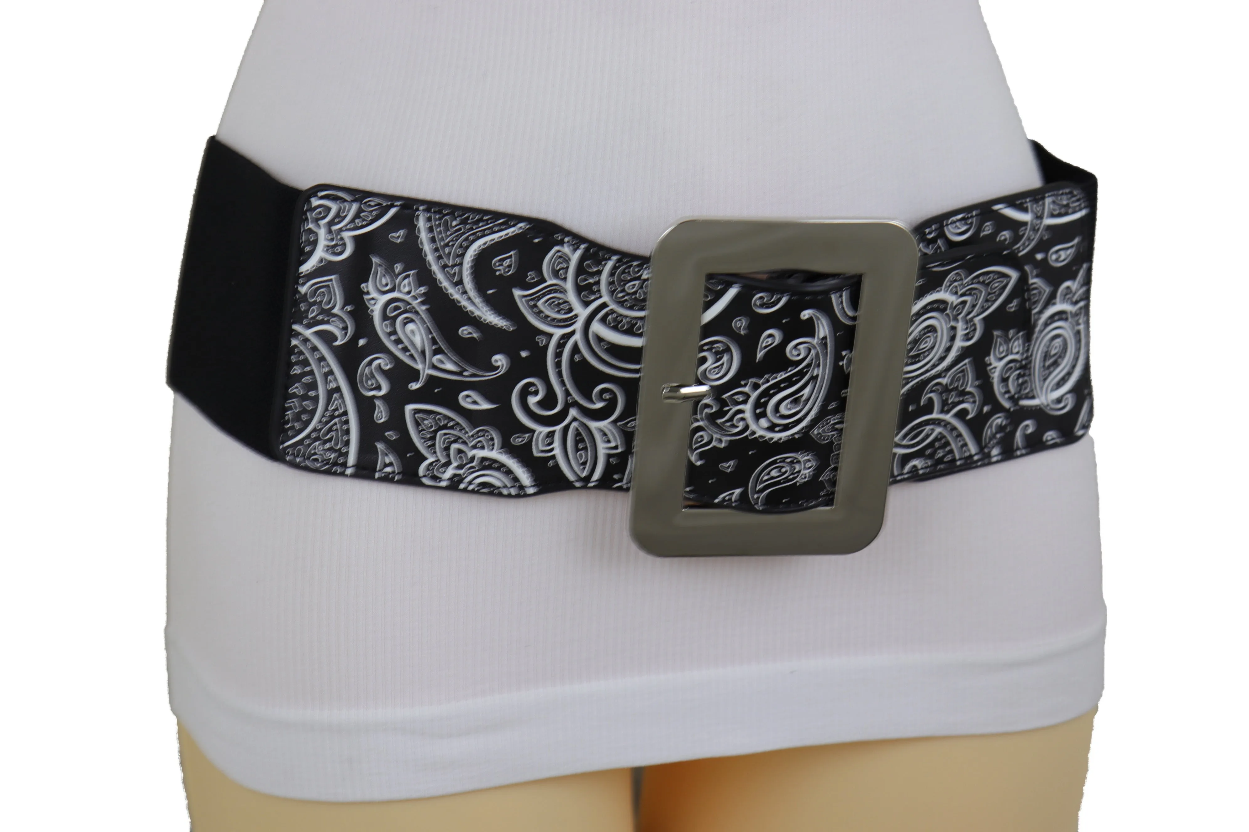 Cinch Waistband Wide Black Elastic Waist Hip Belt Paisley Print Size S M