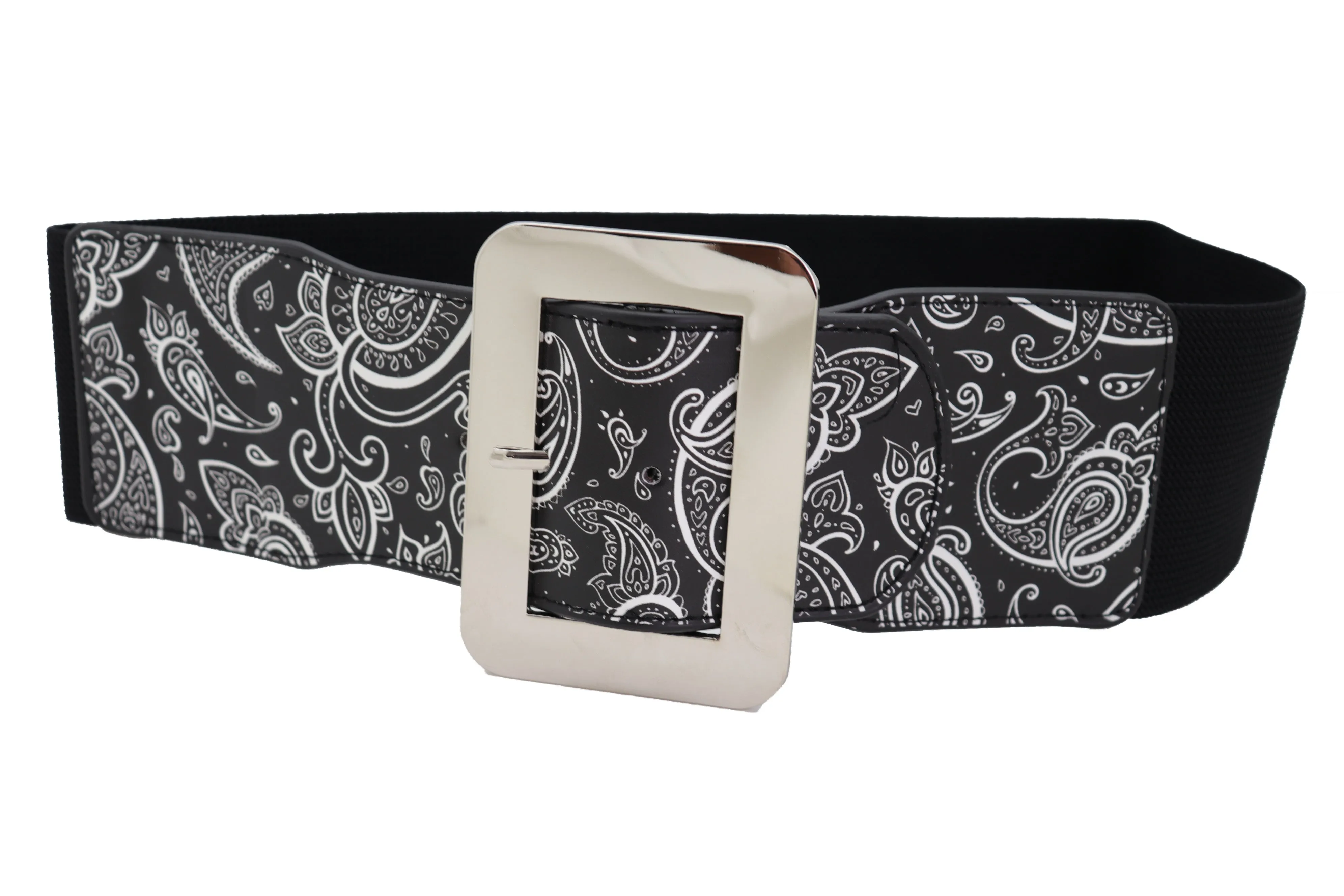 Cinch Waistband Wide Black Elastic Waist Hip Belt Paisley Print Size S M