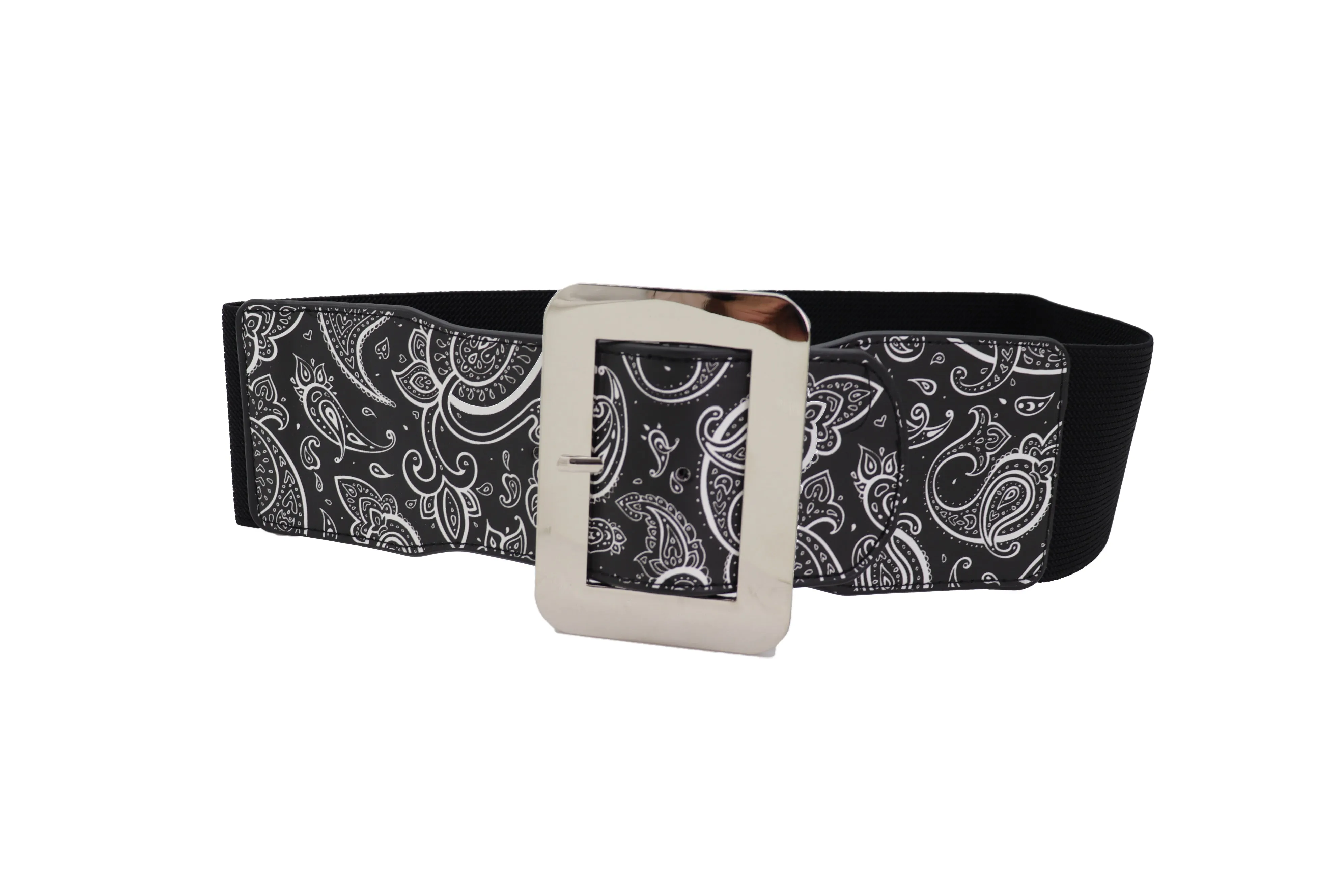 Cinch Waistband Wide Black Elastic Waist Hip Belt Paisley Print Size S M