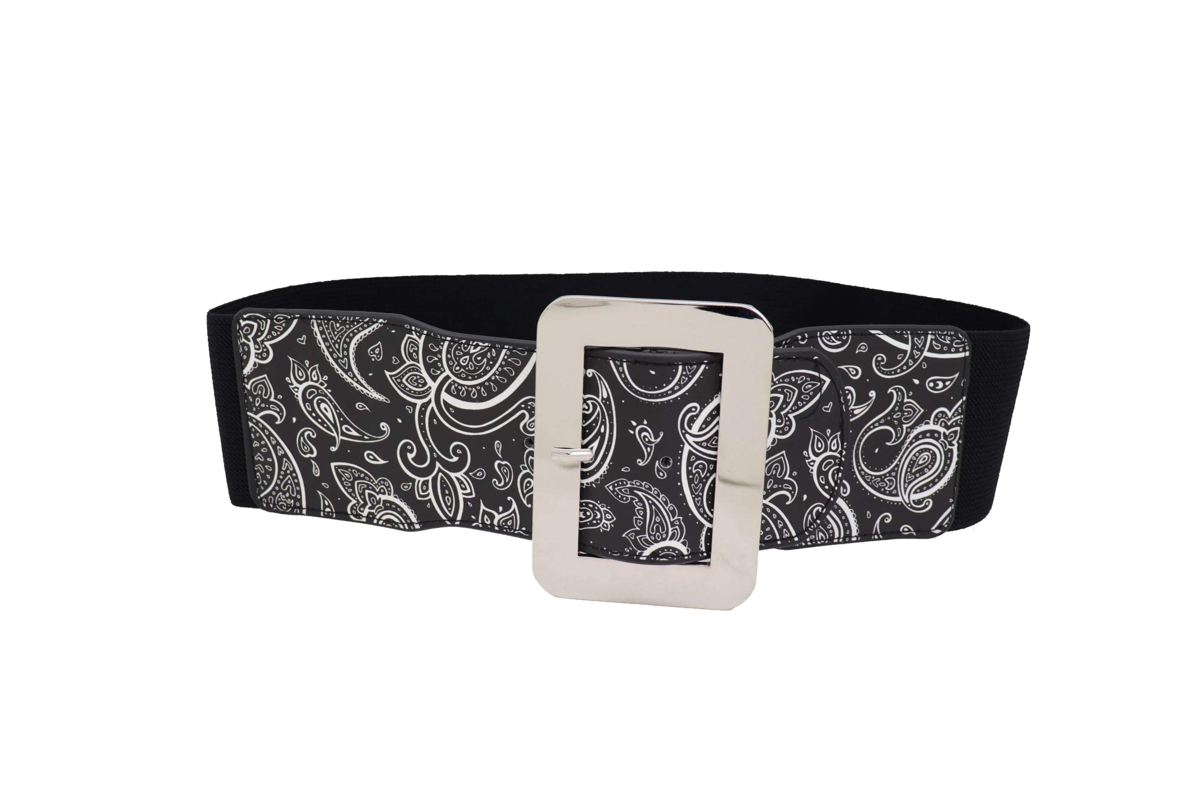 Cinch Waistband Wide Black Elastic Waist Hip Belt Paisley Print Size S M