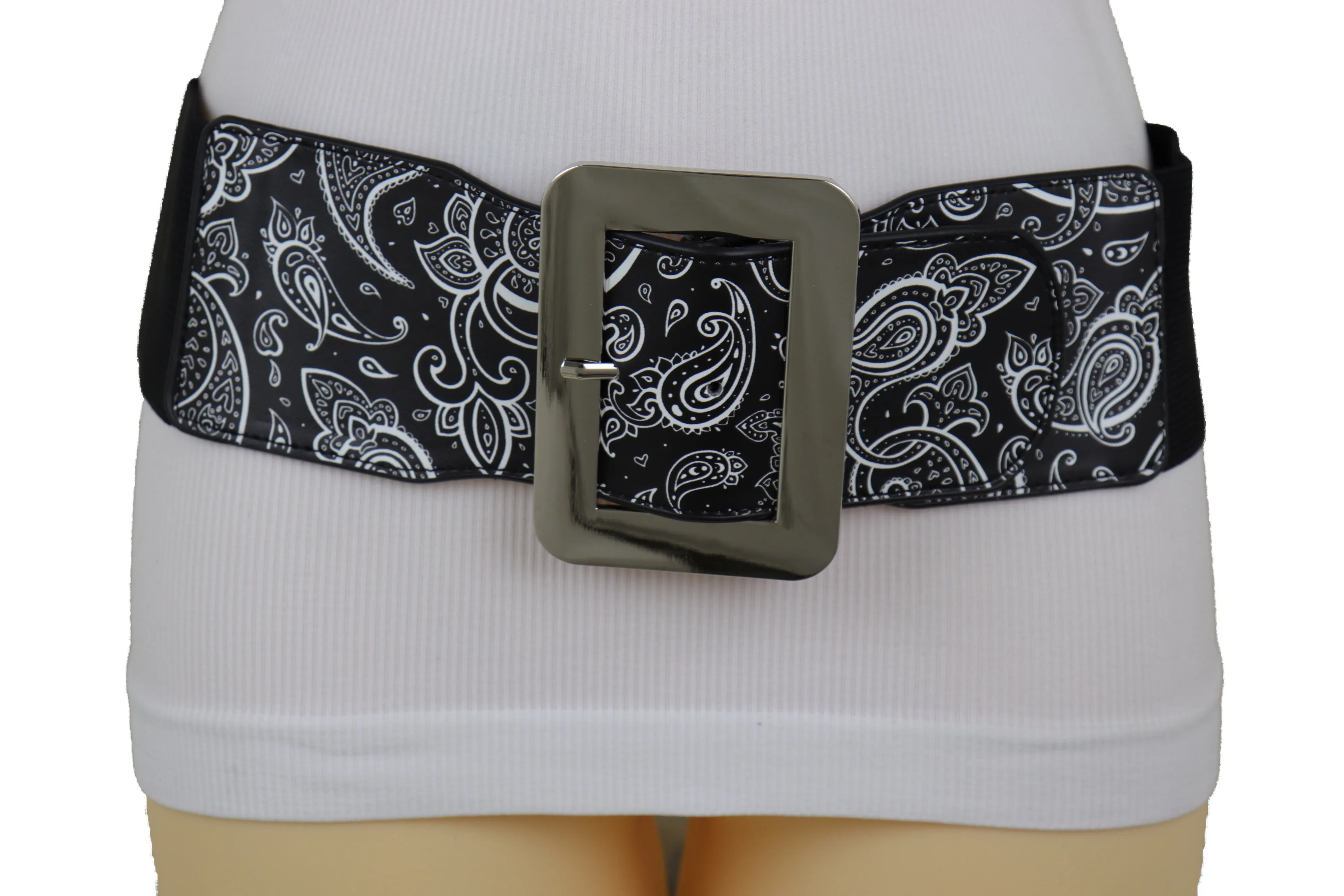 Cinch Waistband Wide Black Elastic Waist Hip Belt Paisley Print Size S M