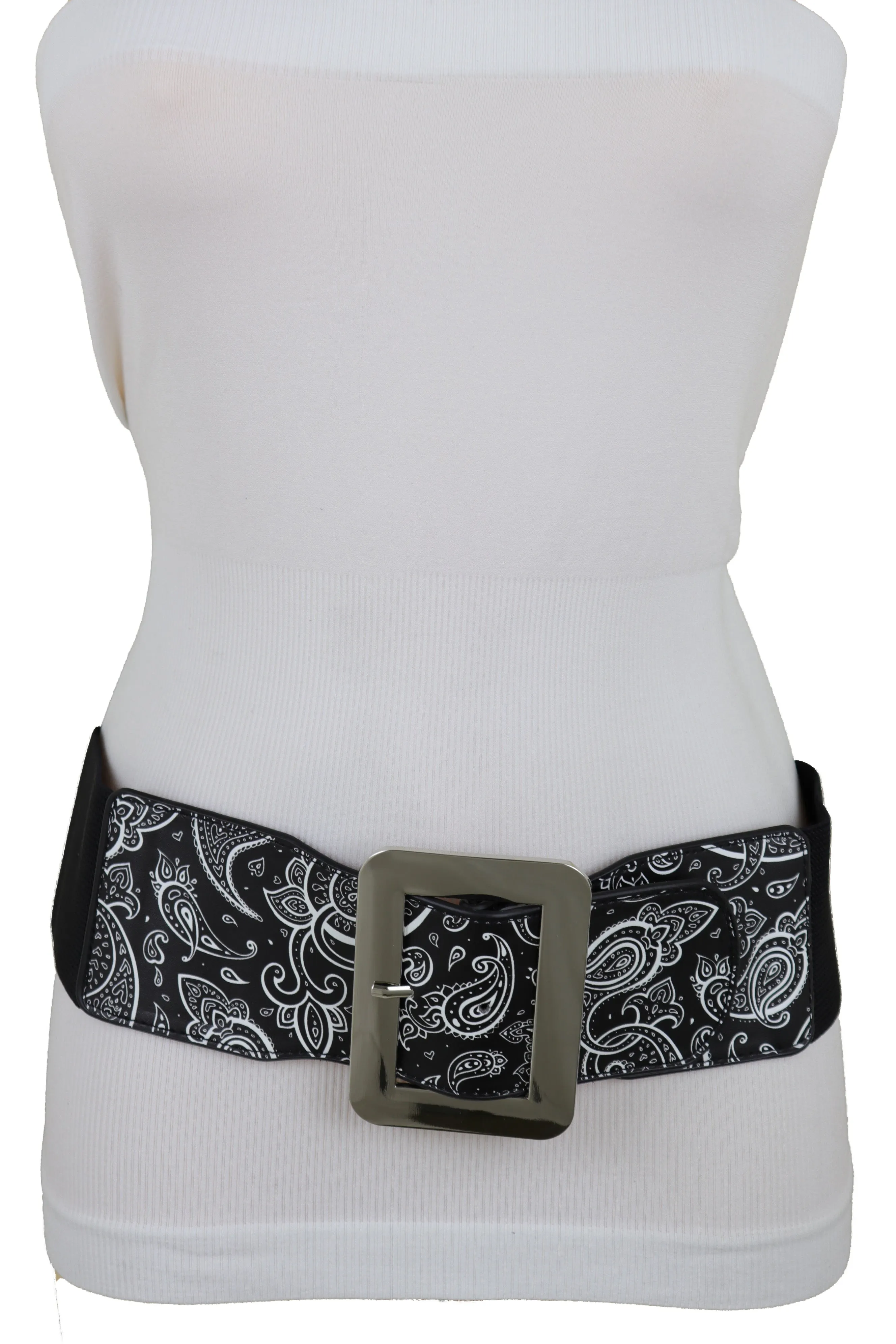 Cinch Waistband Wide Black Elastic Waist Hip Belt Paisley Print Size S M