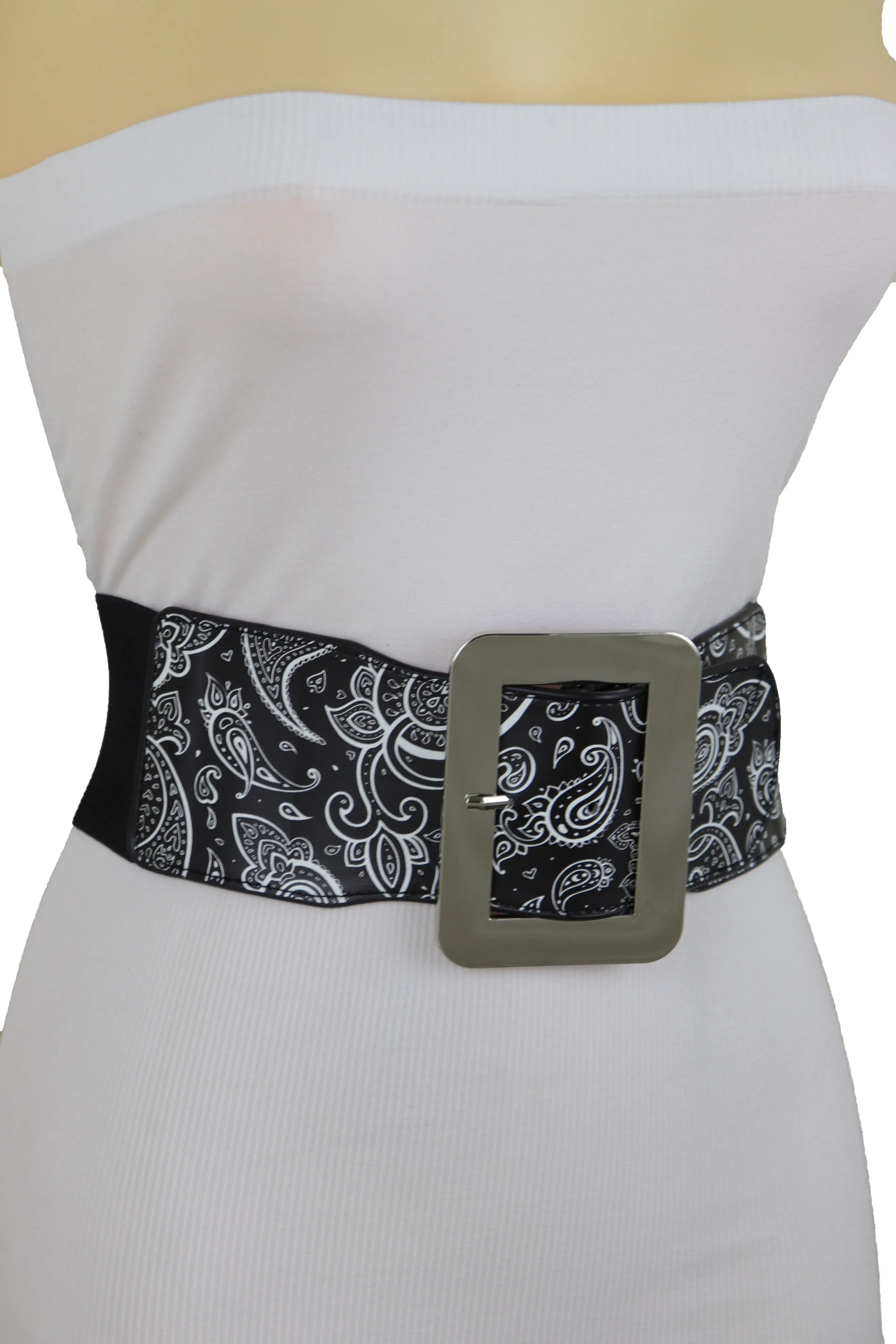 Cinch Waistband Wide Black Elastic Waist Hip Belt Paisley Print Size S M