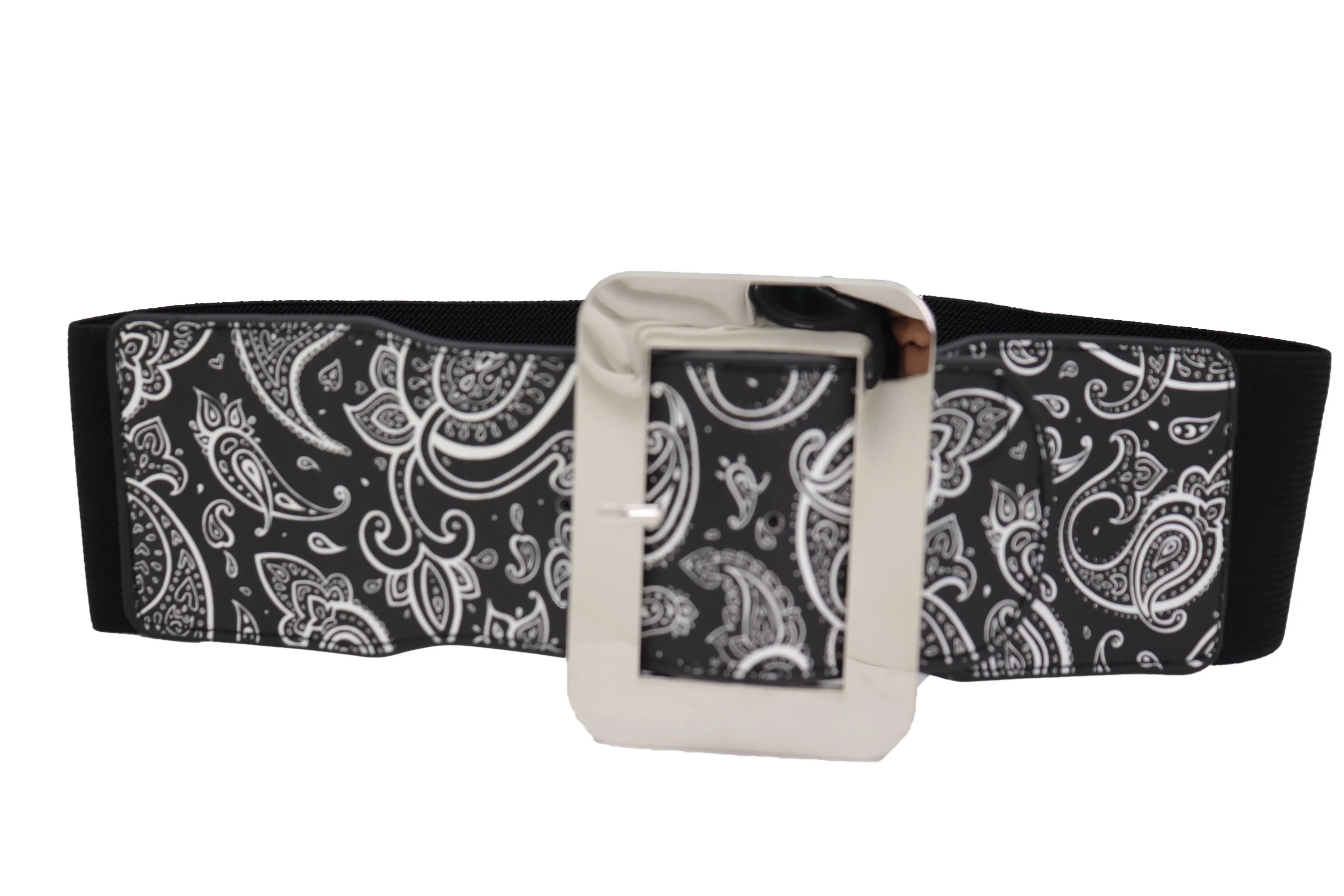 Cinch Waistband Wide Black Elastic Waist Hip Belt Paisley Print Size S M