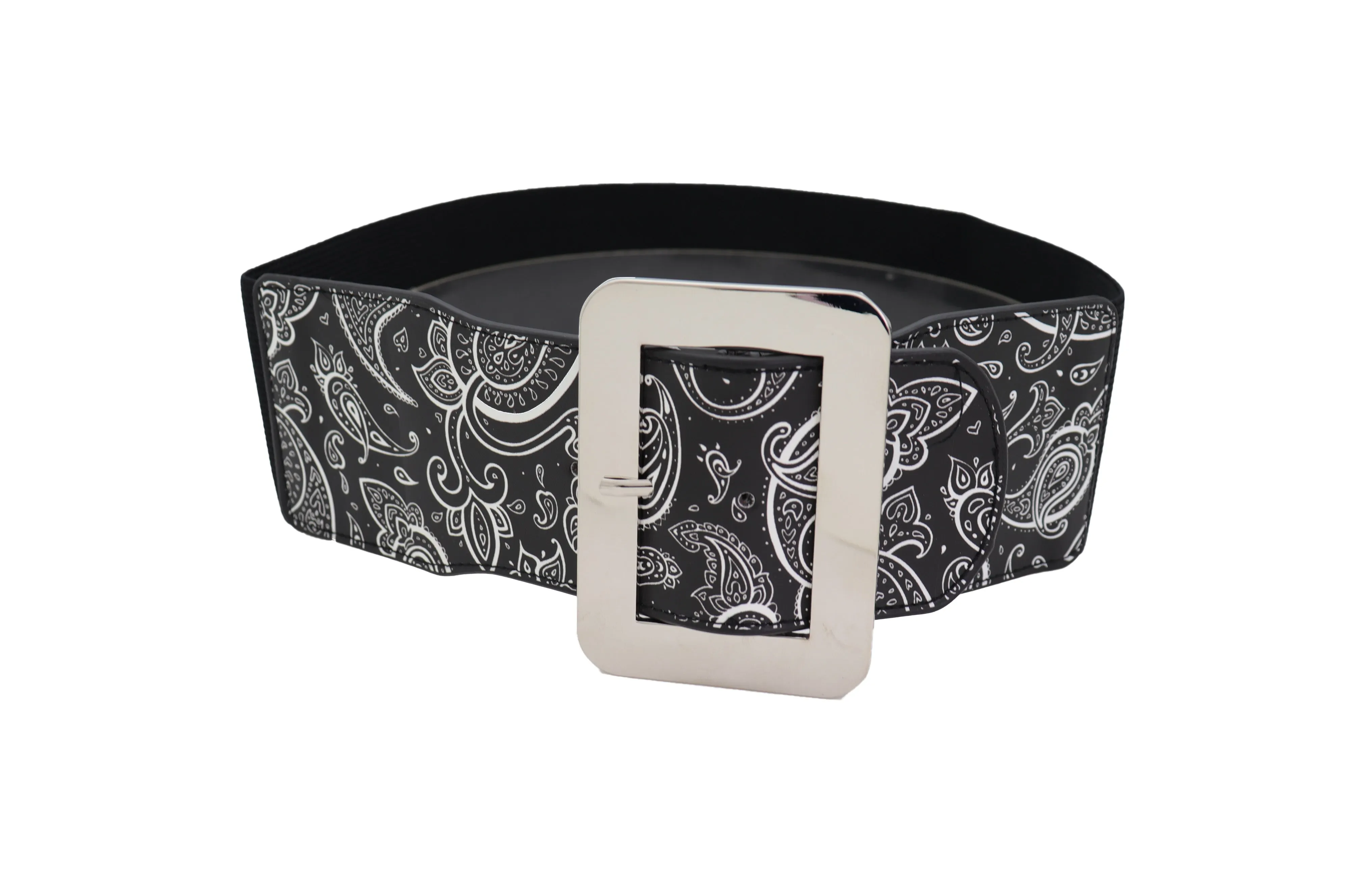 Cinch Waistband Wide Black Elastic Waist Hip Belt Paisley Print Size S M