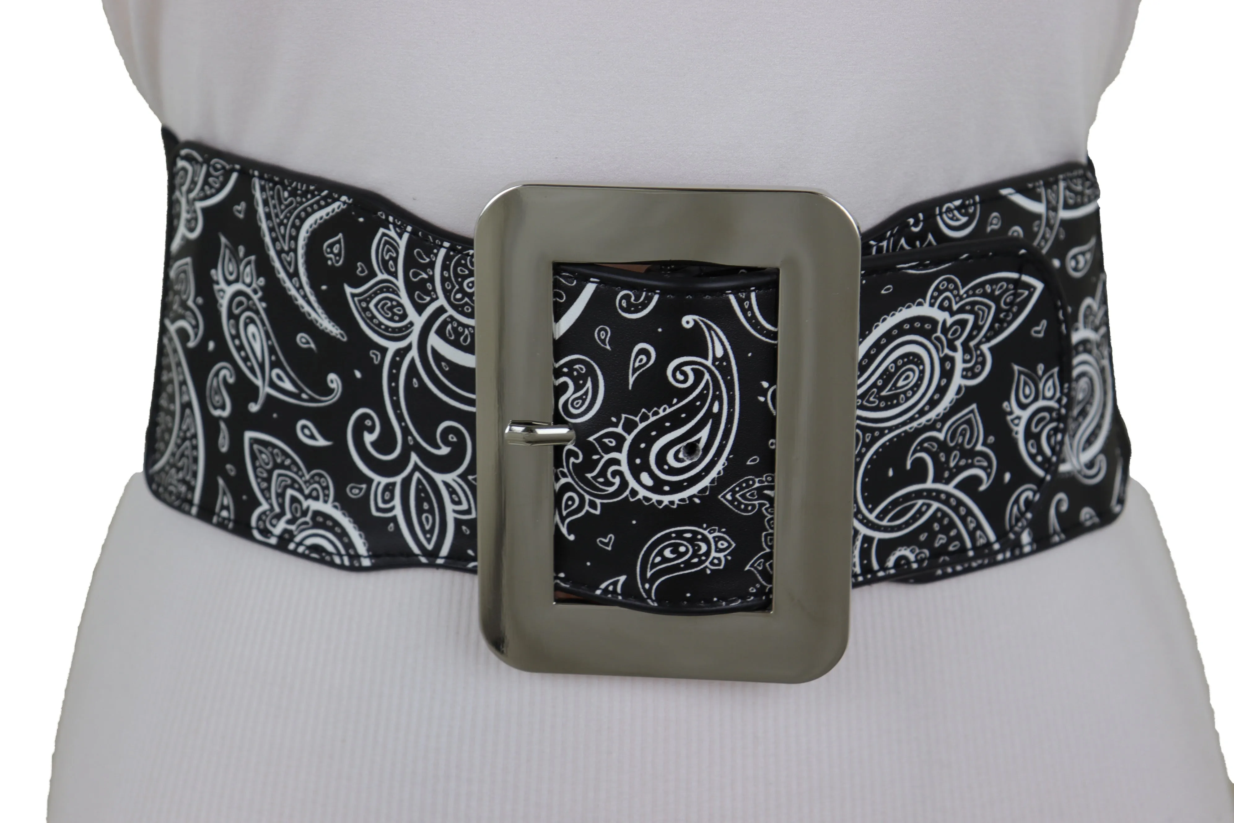 Cinch Waistband Wide Black Elastic Waist Hip Belt Paisley Print Size S M