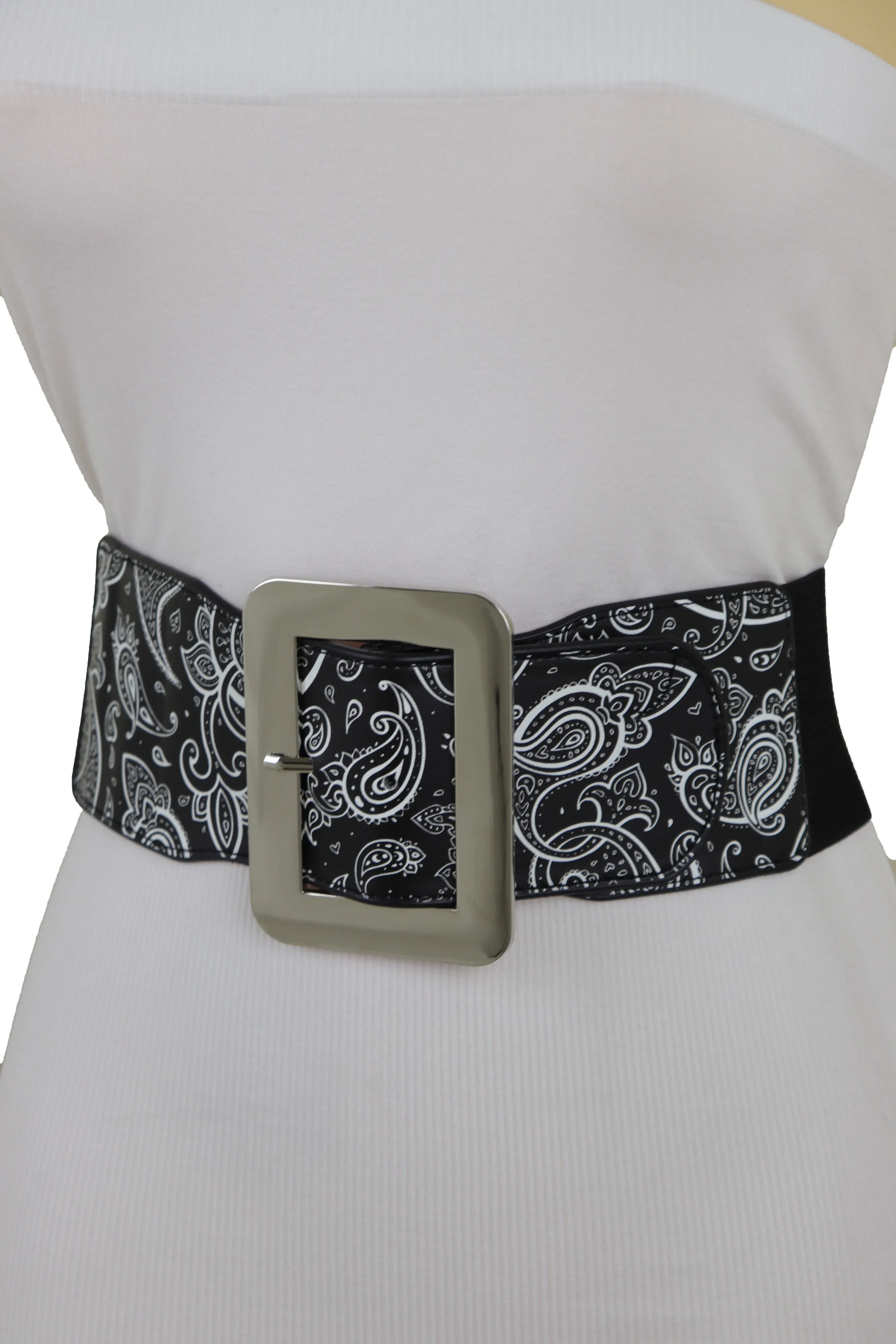 Cinch Waistband Wide Black Elastic Waist Hip Belt Paisley Print Size S M