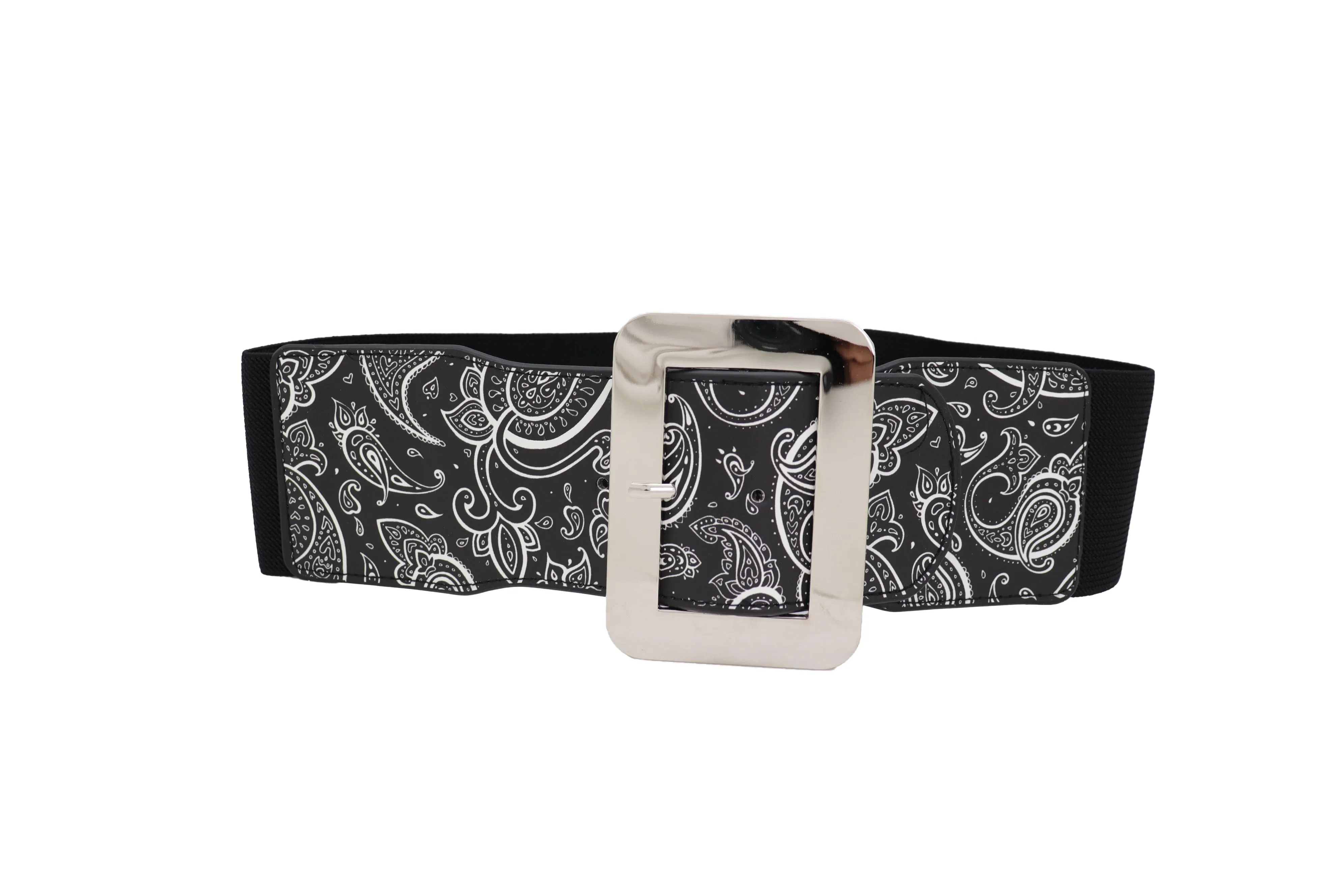 Cinch Waistband Wide Black Elastic Waist Hip Belt Paisley Print Size S M