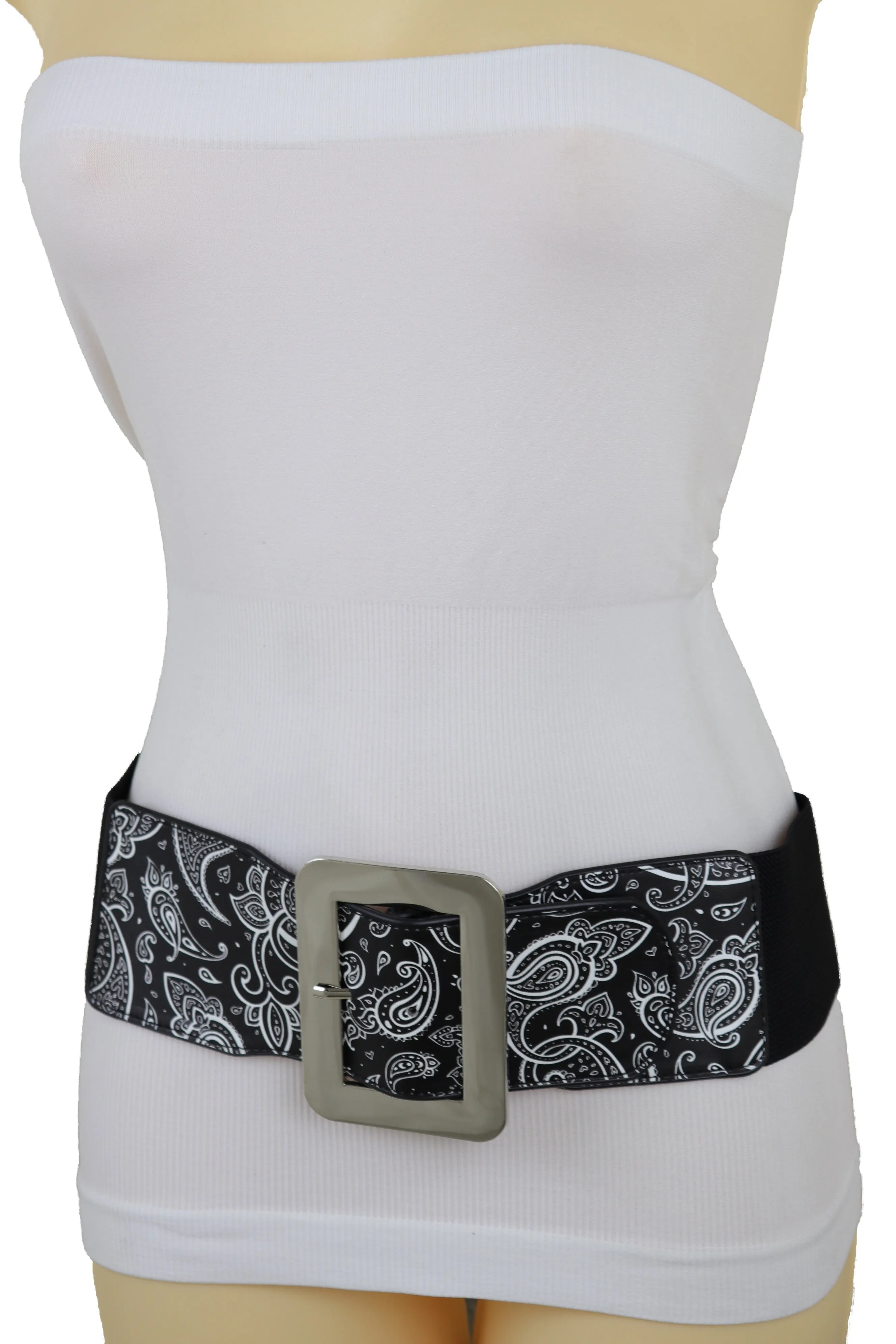 Cinch Waistband Wide Black Elastic Waist Hip Belt Paisley Print Size S M