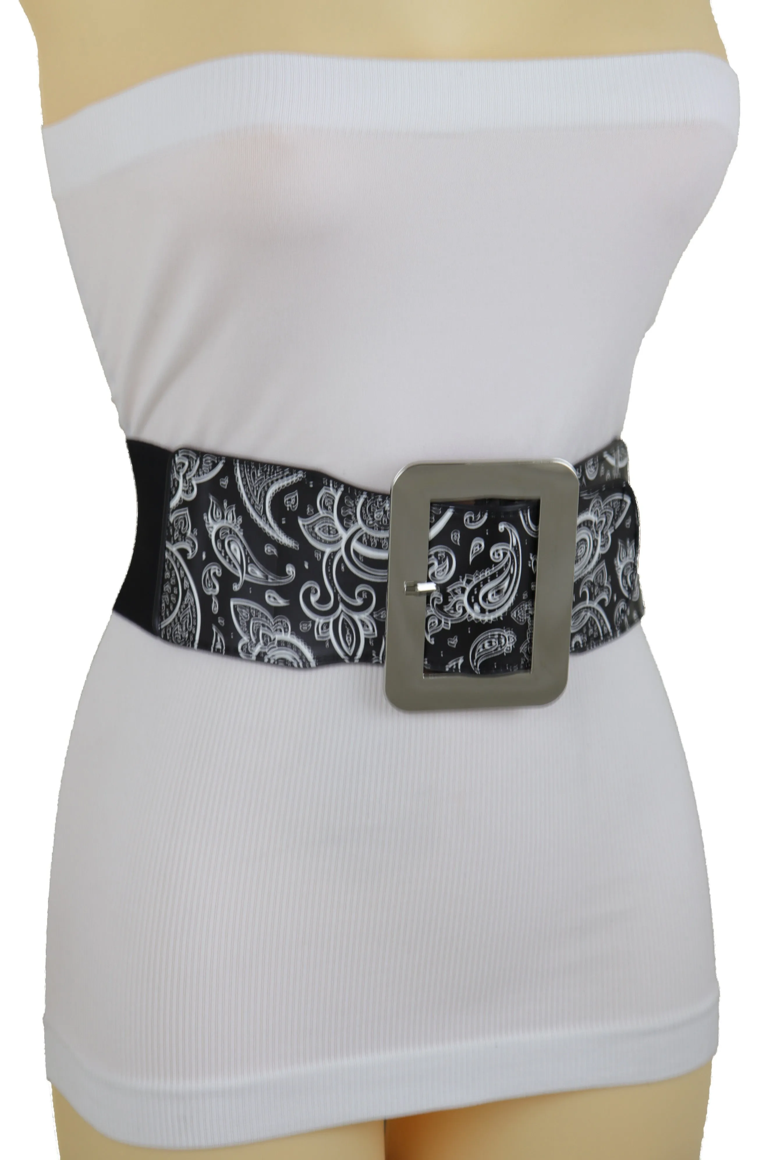 Cinch Waistband Wide Black Elastic Waist Hip Belt Paisley Print Size S M