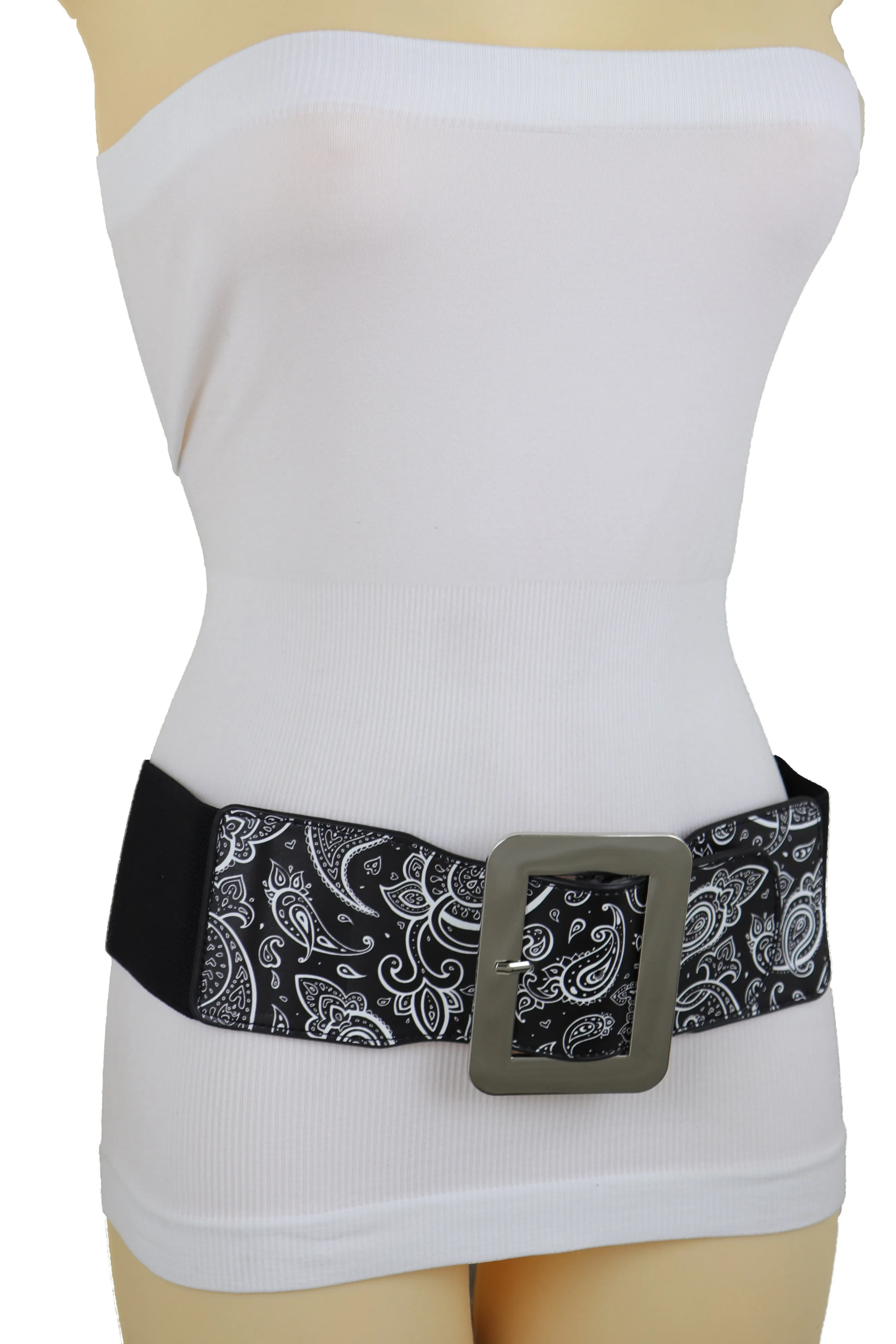 Cinch Waistband Wide Black Elastic Waist Hip Belt Paisley Print Size S M