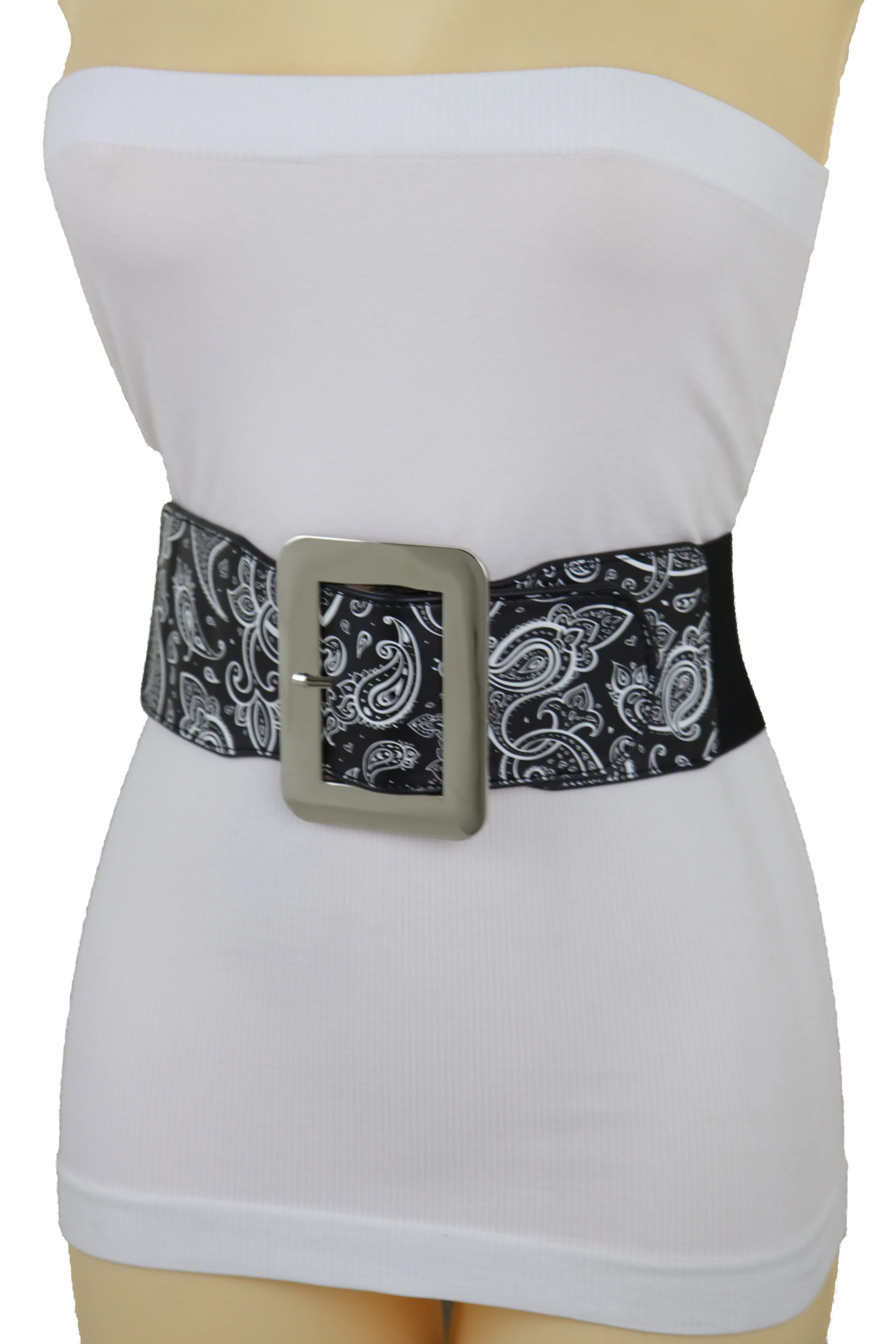 Cinch Waistband Wide Black Elastic Waist Hip Belt Paisley Print Size S M