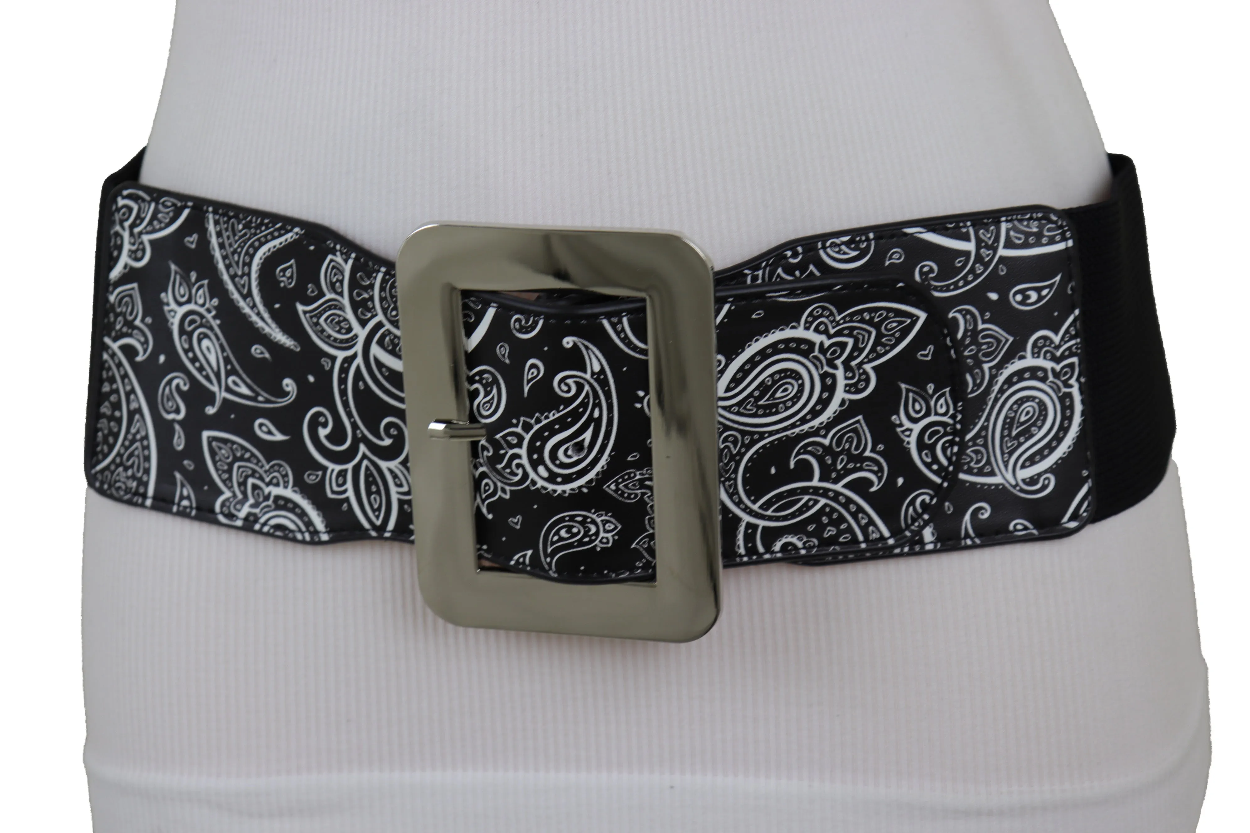 Cinch Waistband Wide Black Elastic Waist Hip Belt Paisley Print Size S M