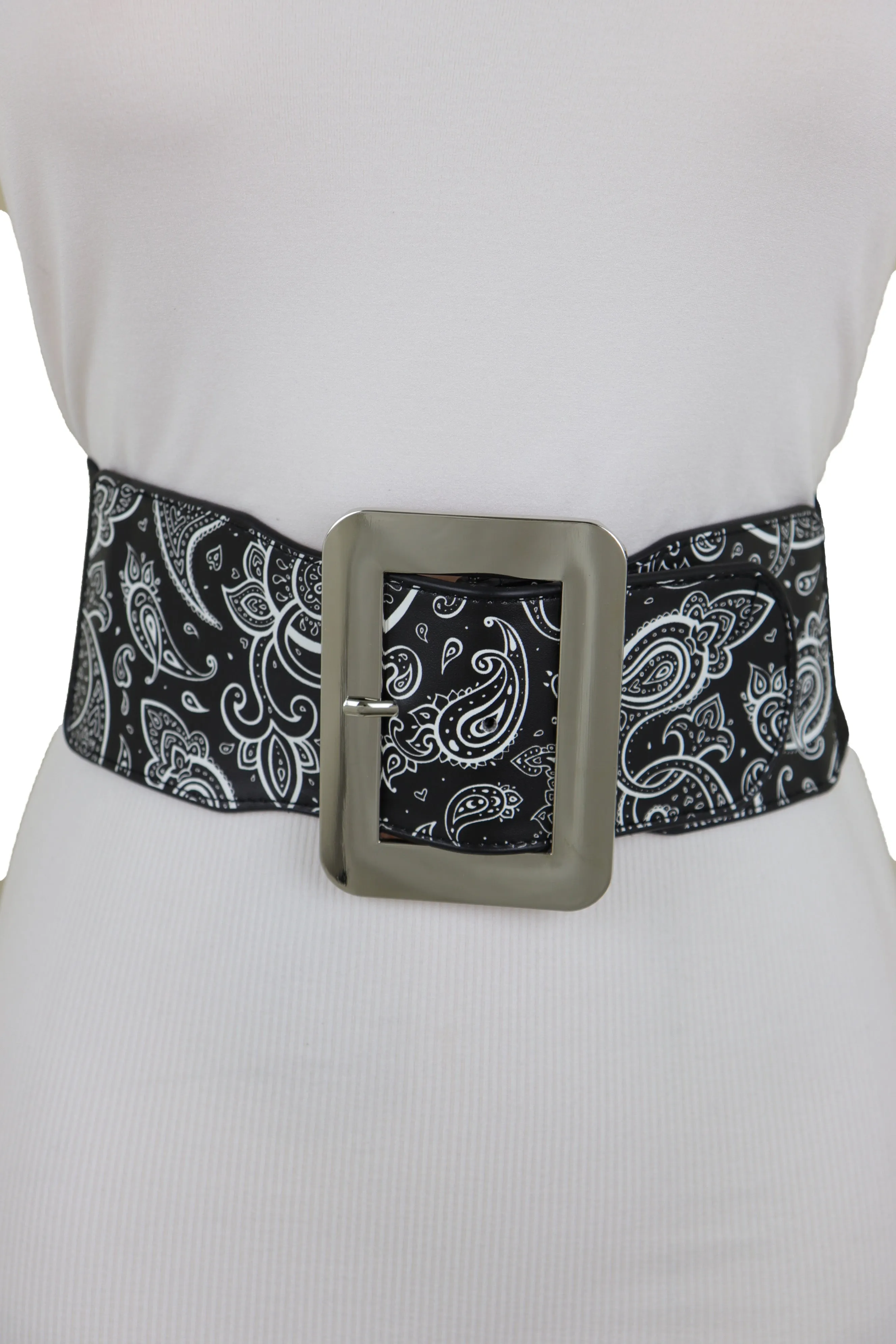 Cinch Waistband Wide Black Elastic Waist Hip Belt Paisley Print Size S M