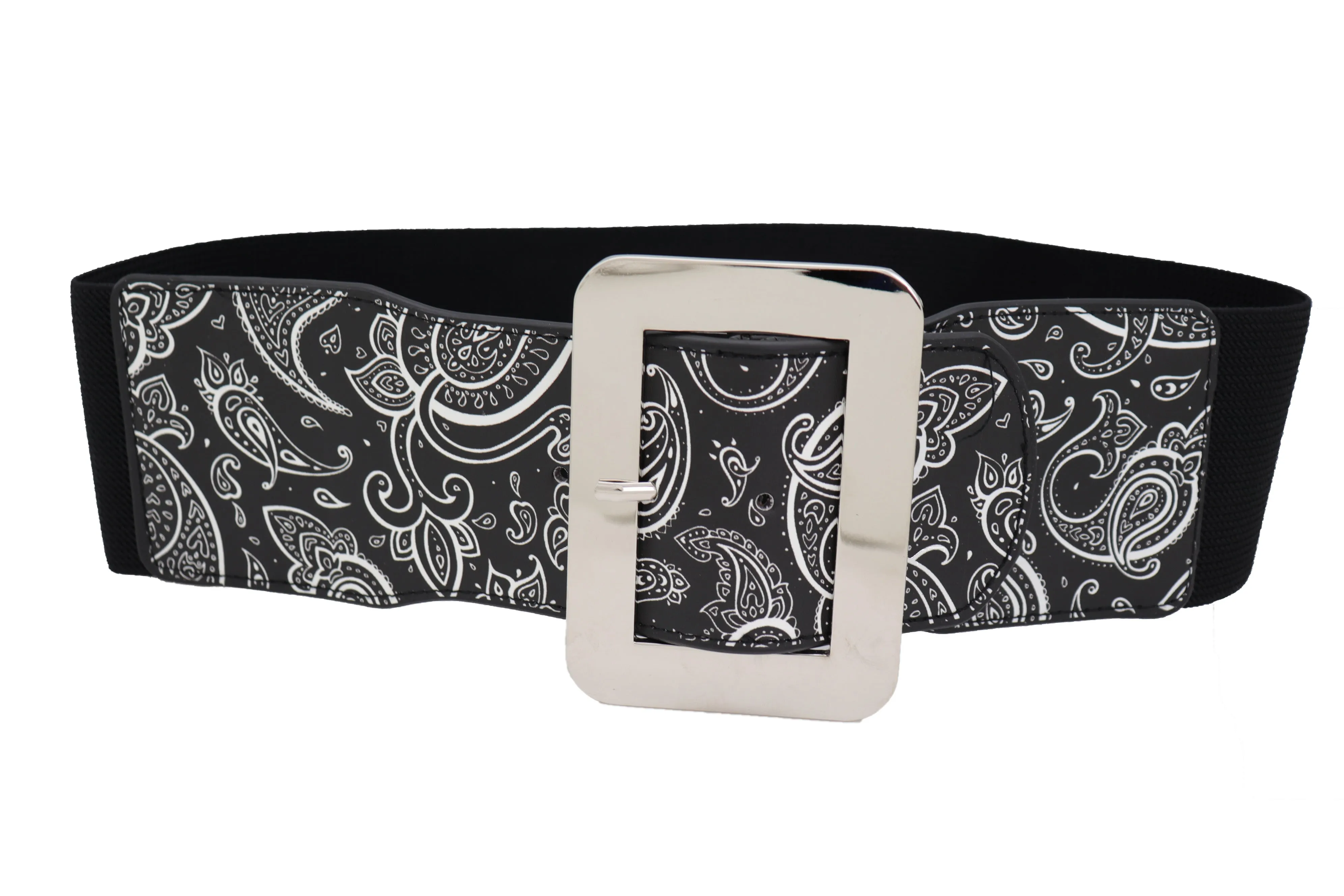 Cinch Waistband Wide Black Elastic Waist Hip Belt Paisley Print Size S M