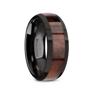 CLARET | Black Ceramic Ring, Red Wood Inlay, Domed