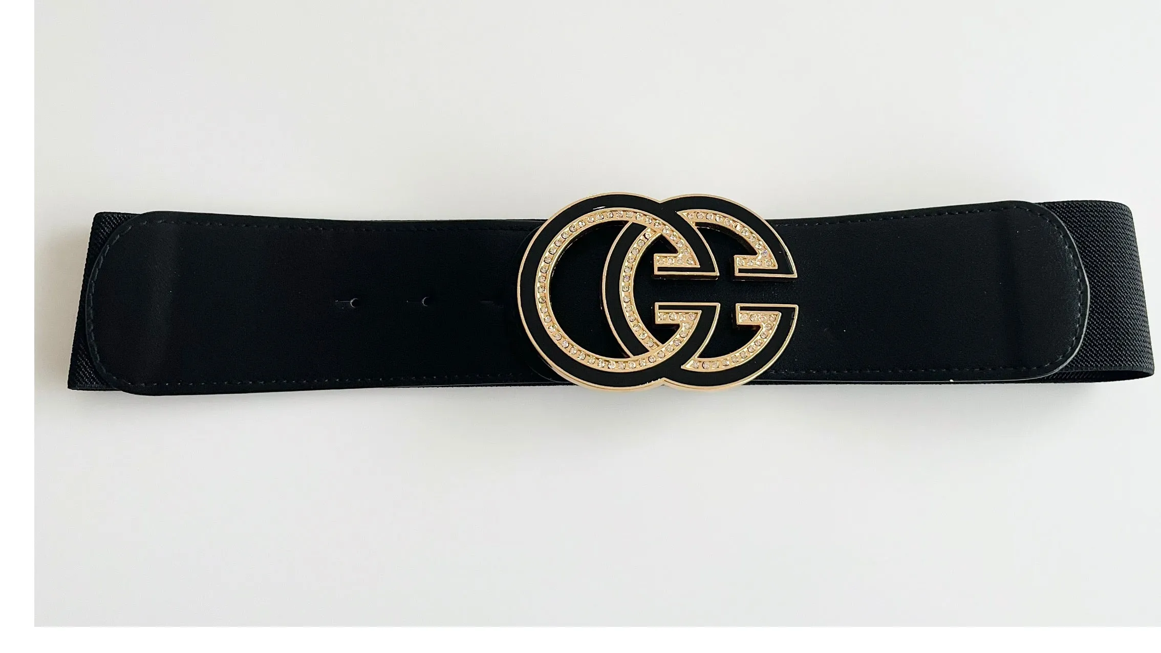 CZ Double C Buckle Elastic Belt - Black