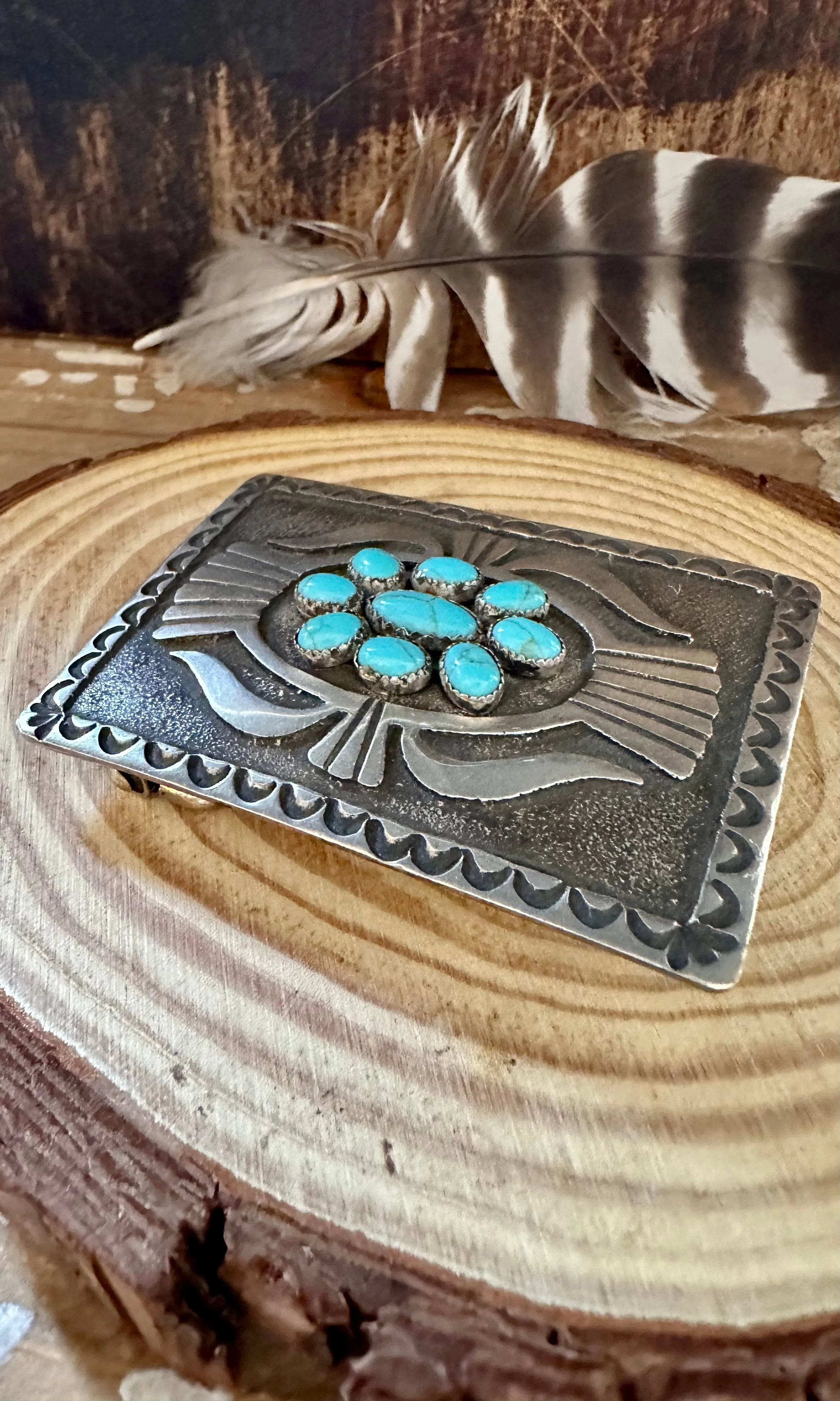 DONOVAN KINSEL Silver and Turquoise Large Belt Buckle