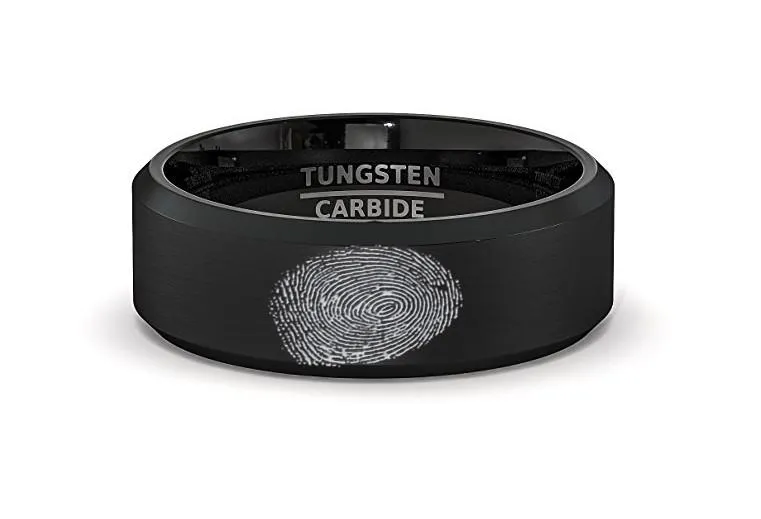 Fingerprint Engraved Black Tungsten Men's Wedding Band with Beveled Edges