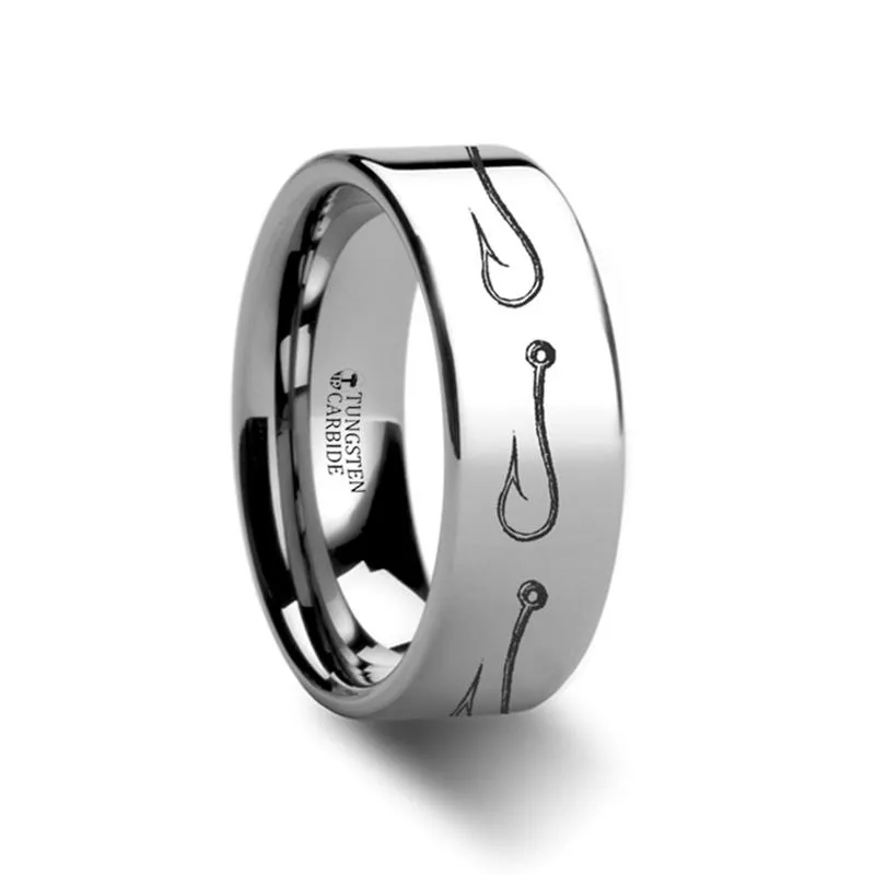 Fishing Hook Sea Pattern Print Laser Engraved Flat Tungsten Carbide Ring for Men and Women - 4MM - 12MM