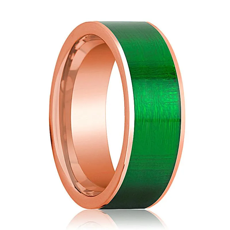 Flat 14k Rose Gold Wedding Band for Men with Green Texture Inlay Polished Finish - 8MM