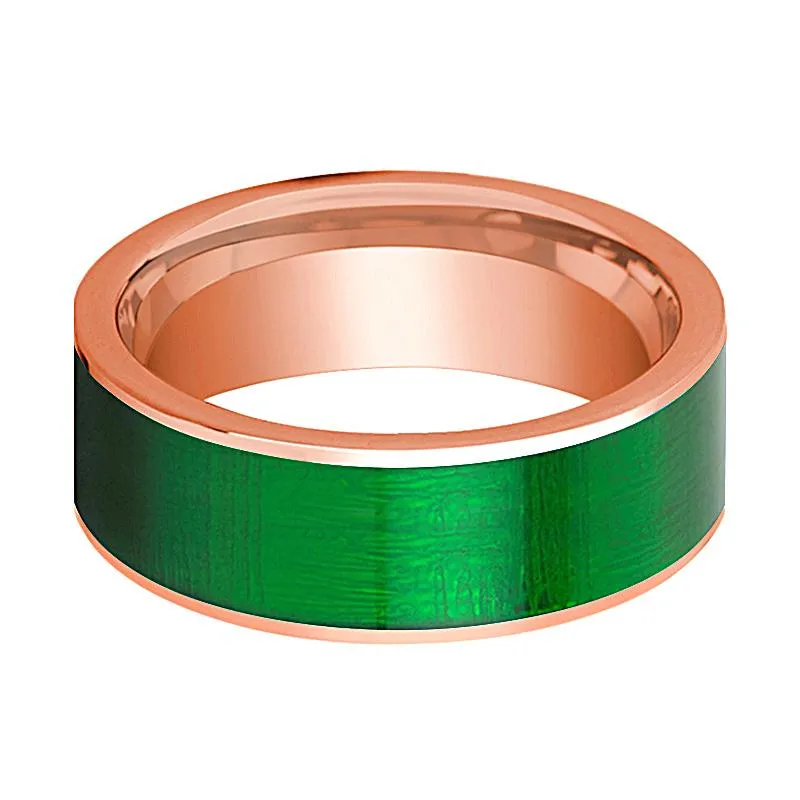 Flat 14k Rose Gold Wedding Band for Men with Green Texture Inlay Polished Finish - 8MM