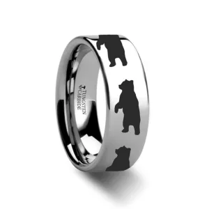 Flat Polished Tungsten Carbide Wedding Band for Men and Women with Laser Engraved Standing Bear Print - 4MM - 12MM