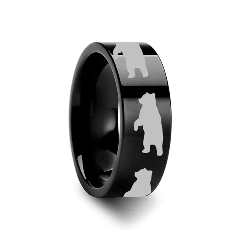 Flat Polished Tungsten Carbide Wedding Band for Men and Women with Laser Engraved Standing Bear Print - 4MM - 12MM