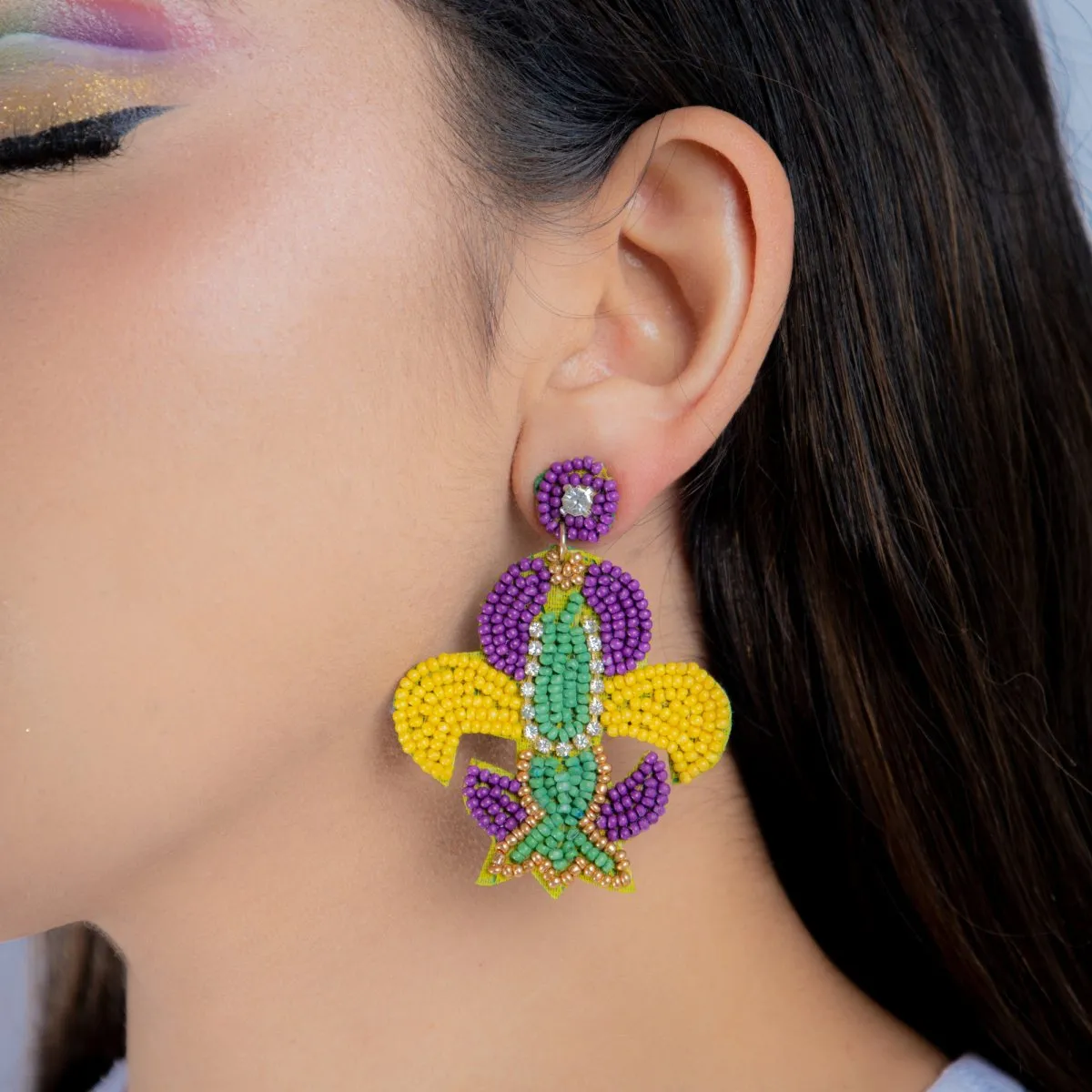 Fleur-de-Lis Mardi Gras Beaded Earrings