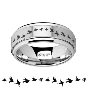 Flying Birds Engraved Raised Center Spinner Tungsten Wedding Ring for Men - 8MM