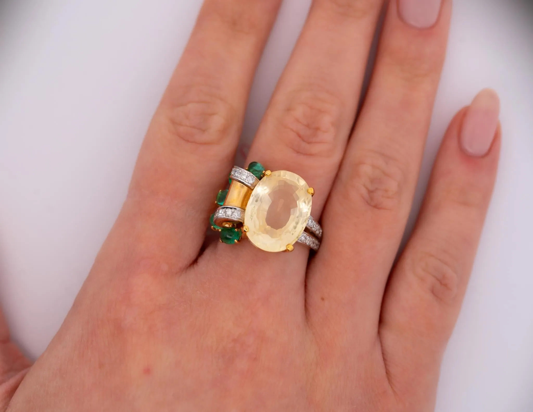 GRS Certified No Heat 12.61 Carat Oval Yellow Sapphire & Emerald Floral Ring