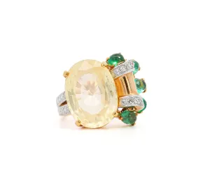 GRS Certified No Heat 12.61 Carat Oval Yellow Sapphire & Emerald Floral Ring