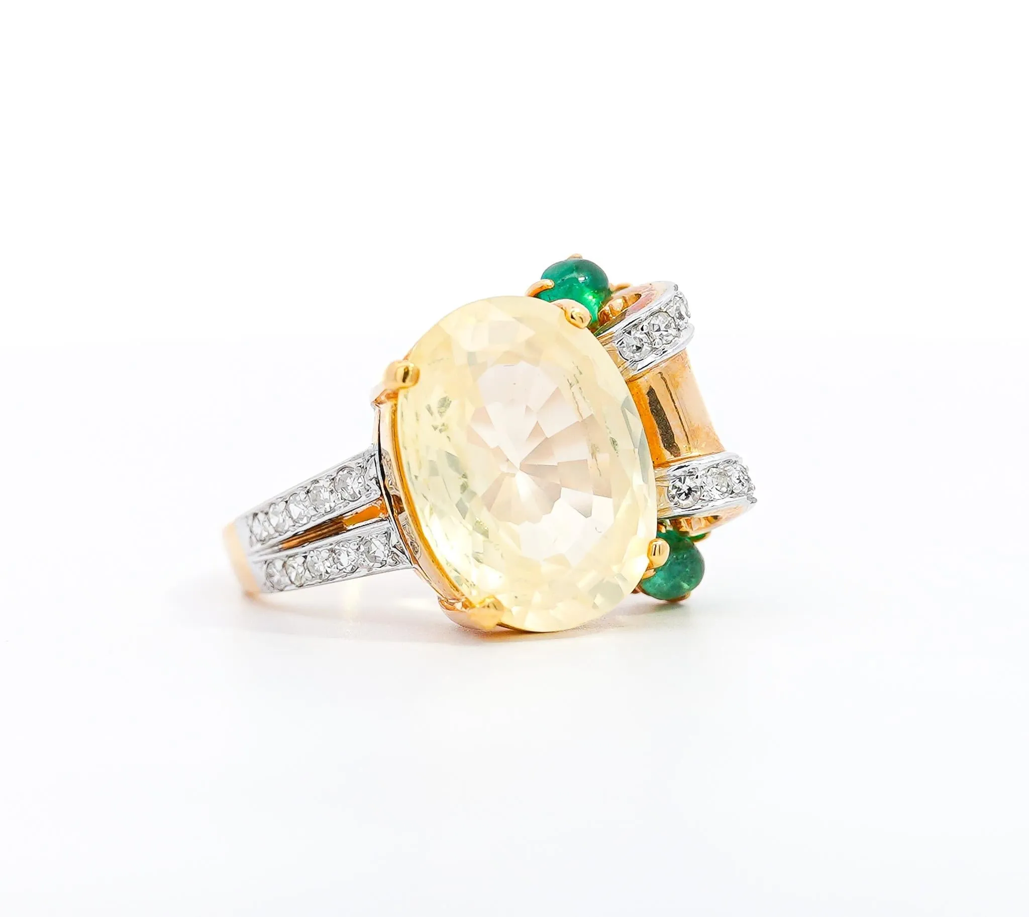 GRS Certified No Heat 12.61 Carat Oval Yellow Sapphire & Emerald Floral Ring