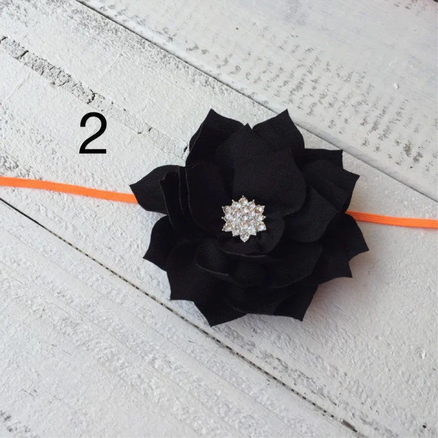 Halloween Headband - Orange and Black - Rhinestone Lotus Flower