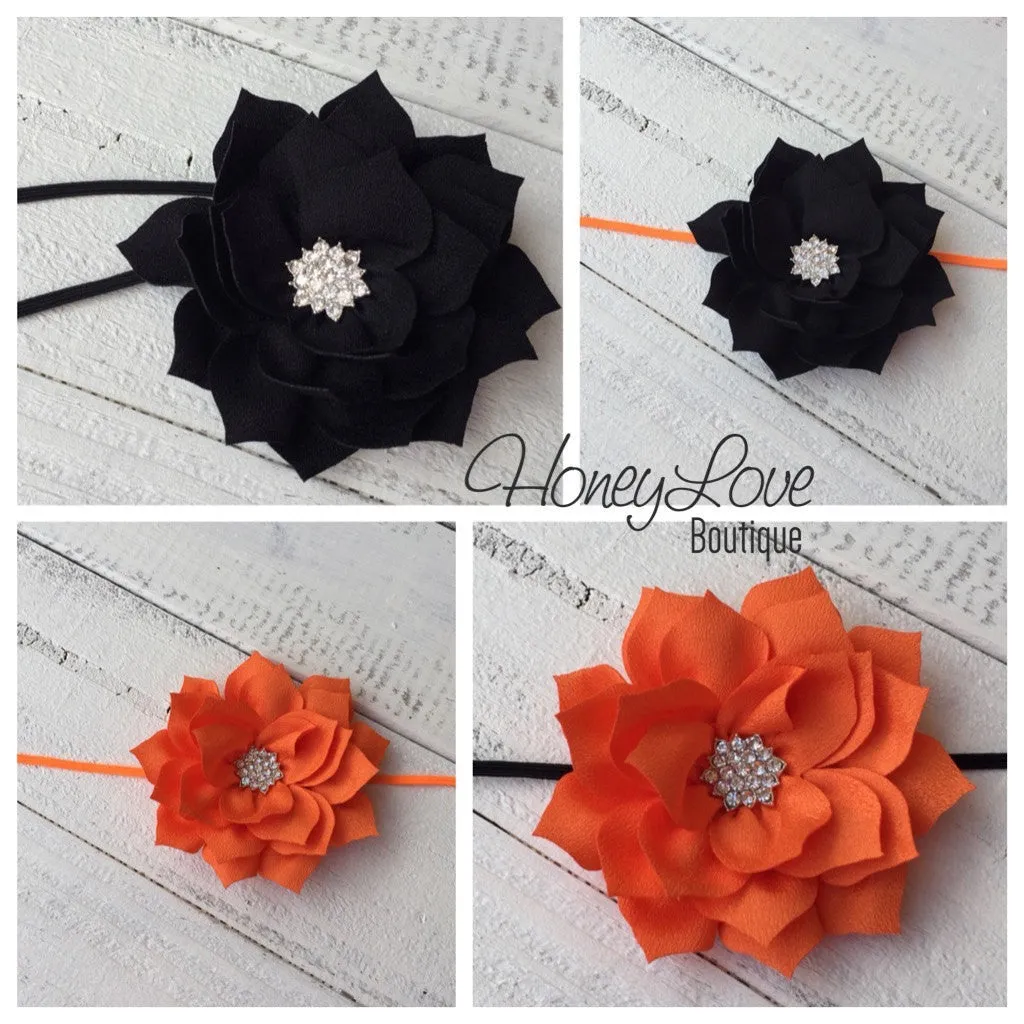 Halloween Headband - Orange and Black - Rhinestone Lotus Flower