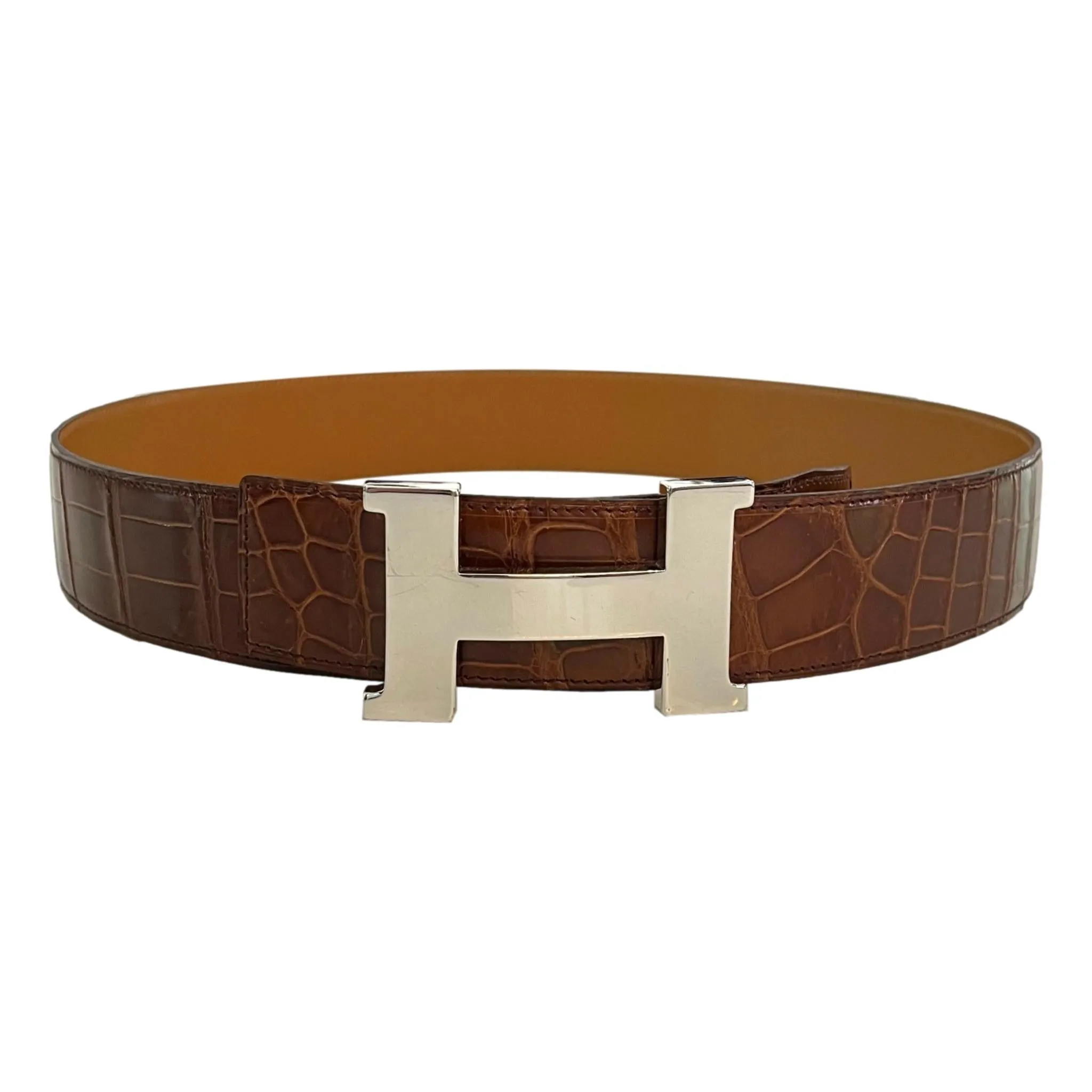 Hermes Shiny Crocodile Skin Belt With Large 'H' Palladium Buckle